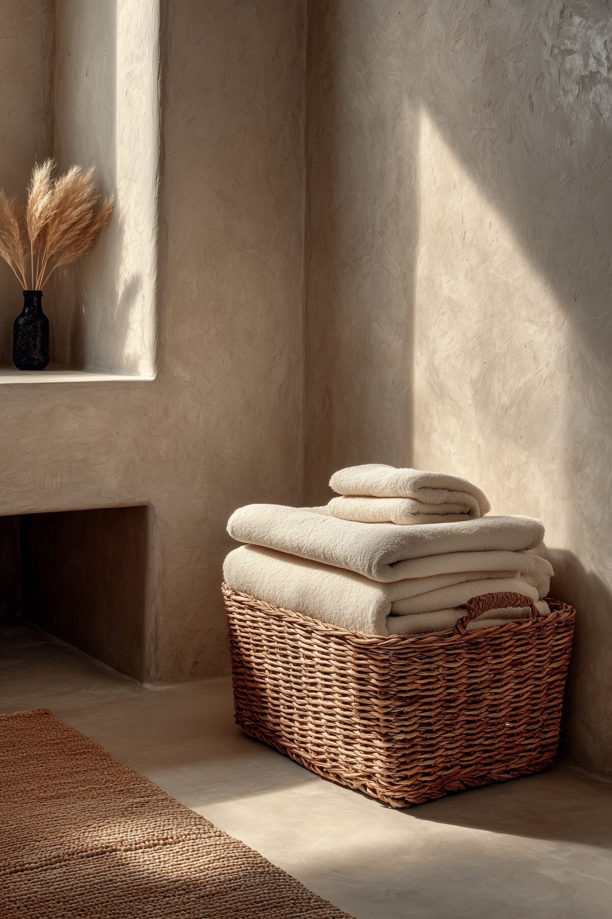 salle bain minimaliste panier linge naturel