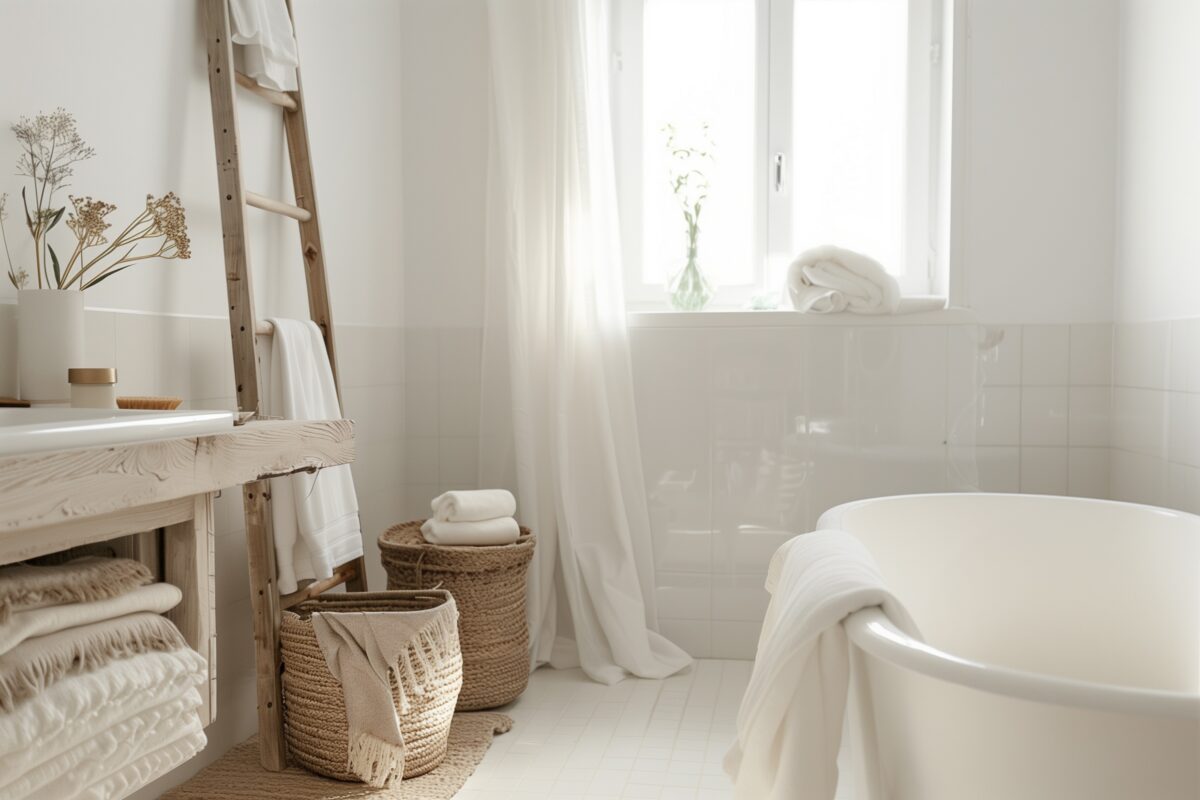 salle de bains minimaliste échelle bois baignoire ilot