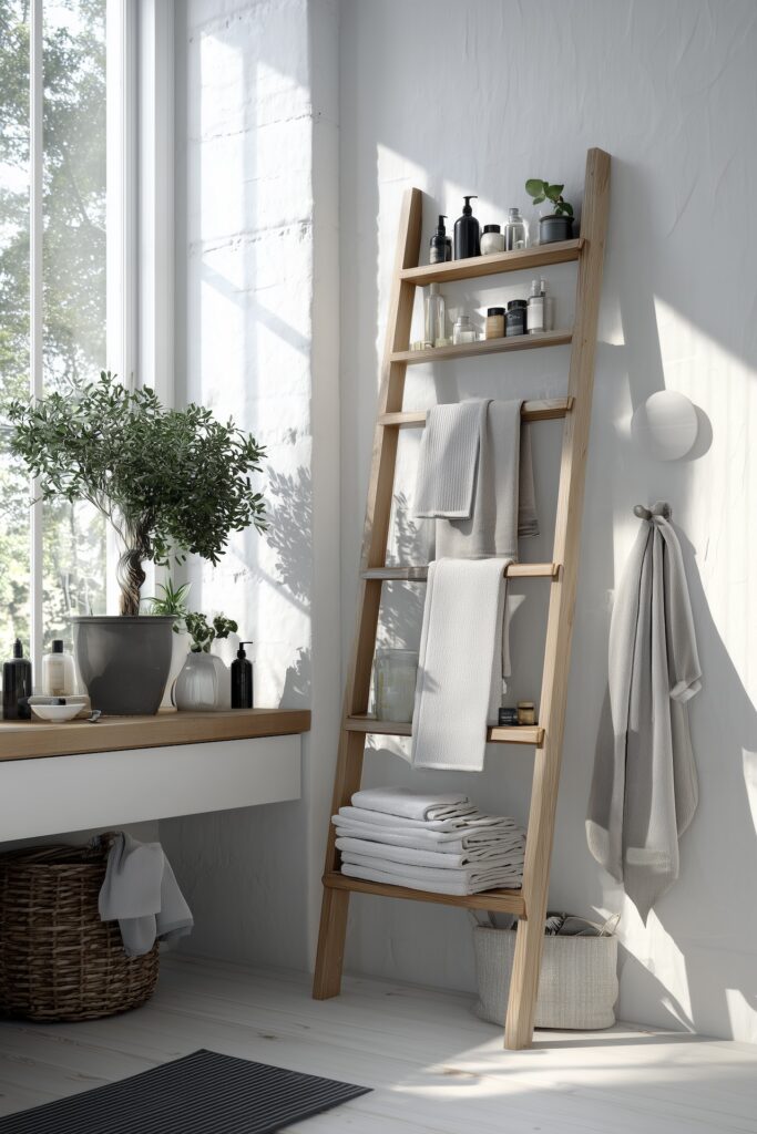 salle de bains scandinave échelle bois linge