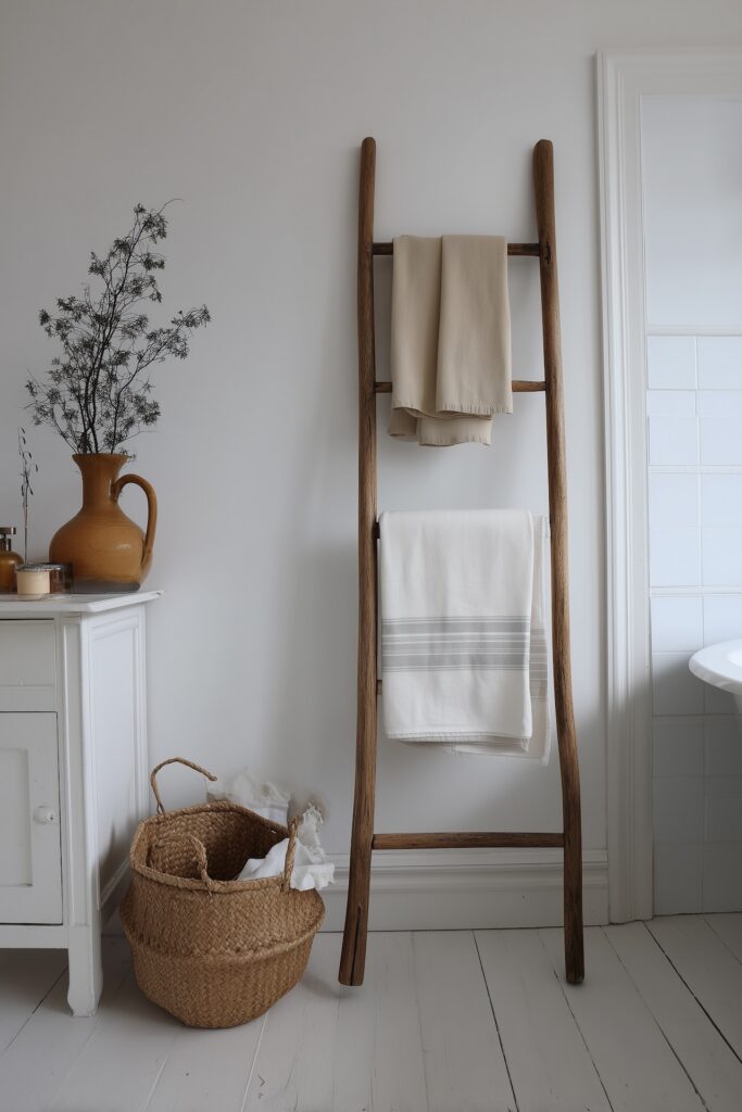 salle de bains vintage échelle bois panier fibres