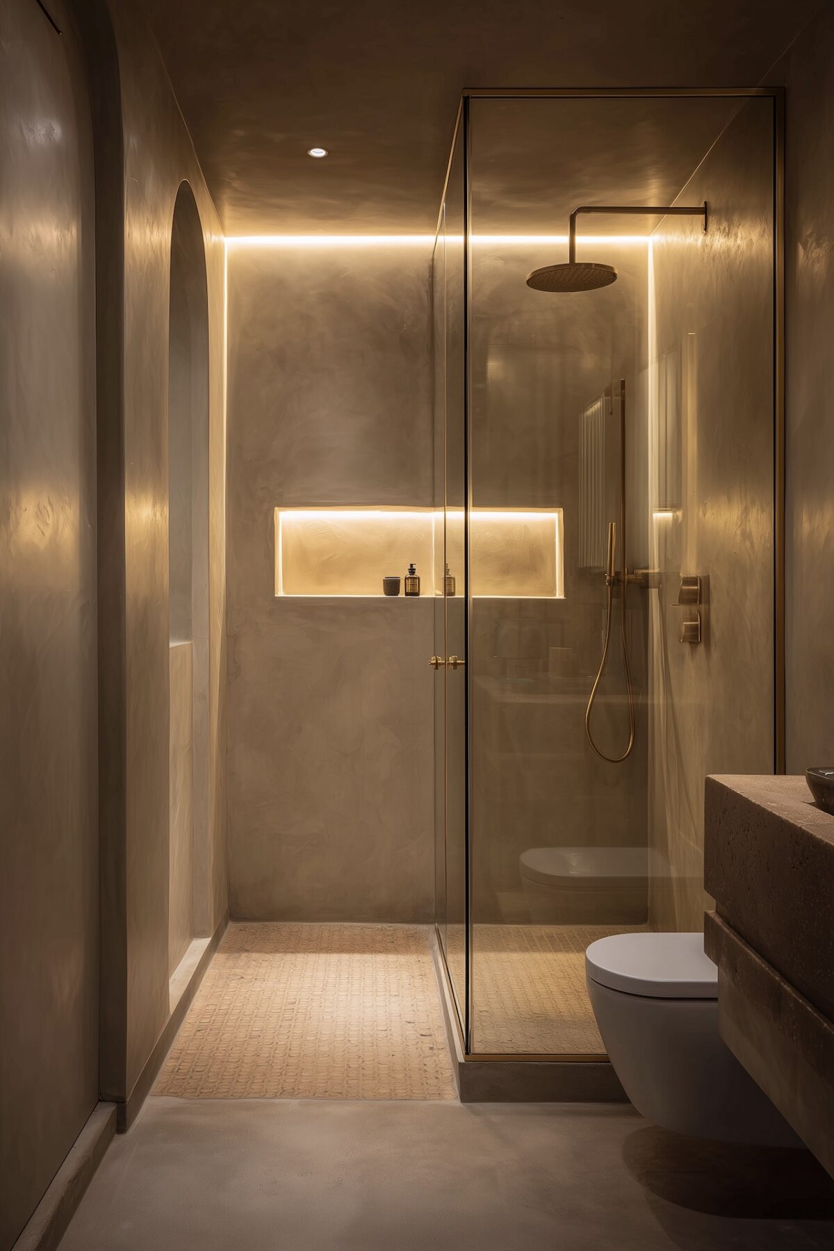 Salle d’eau microciment douche à l’italienne vitrée robinetterie laiton