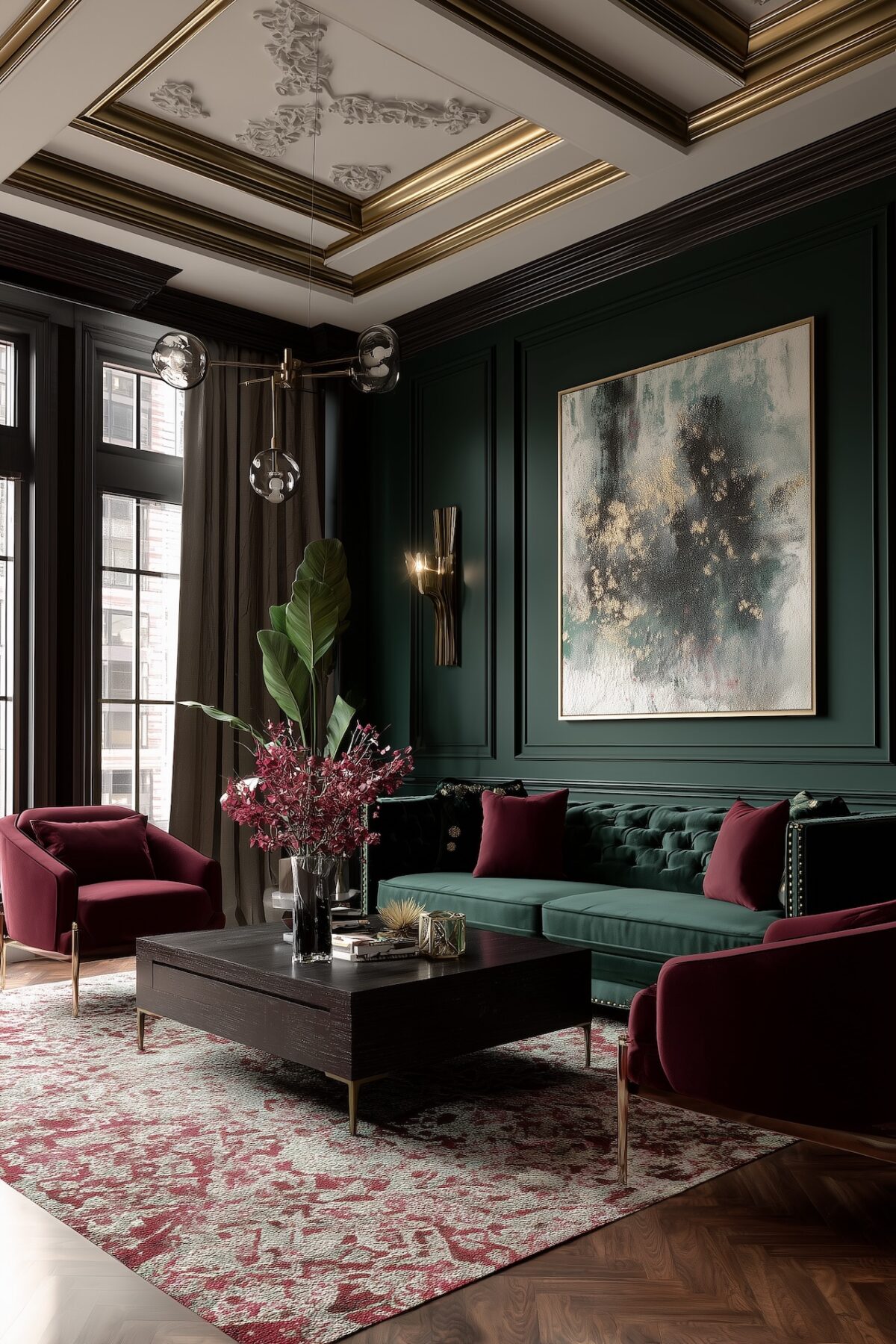 salon chic vert profond moulures dorures