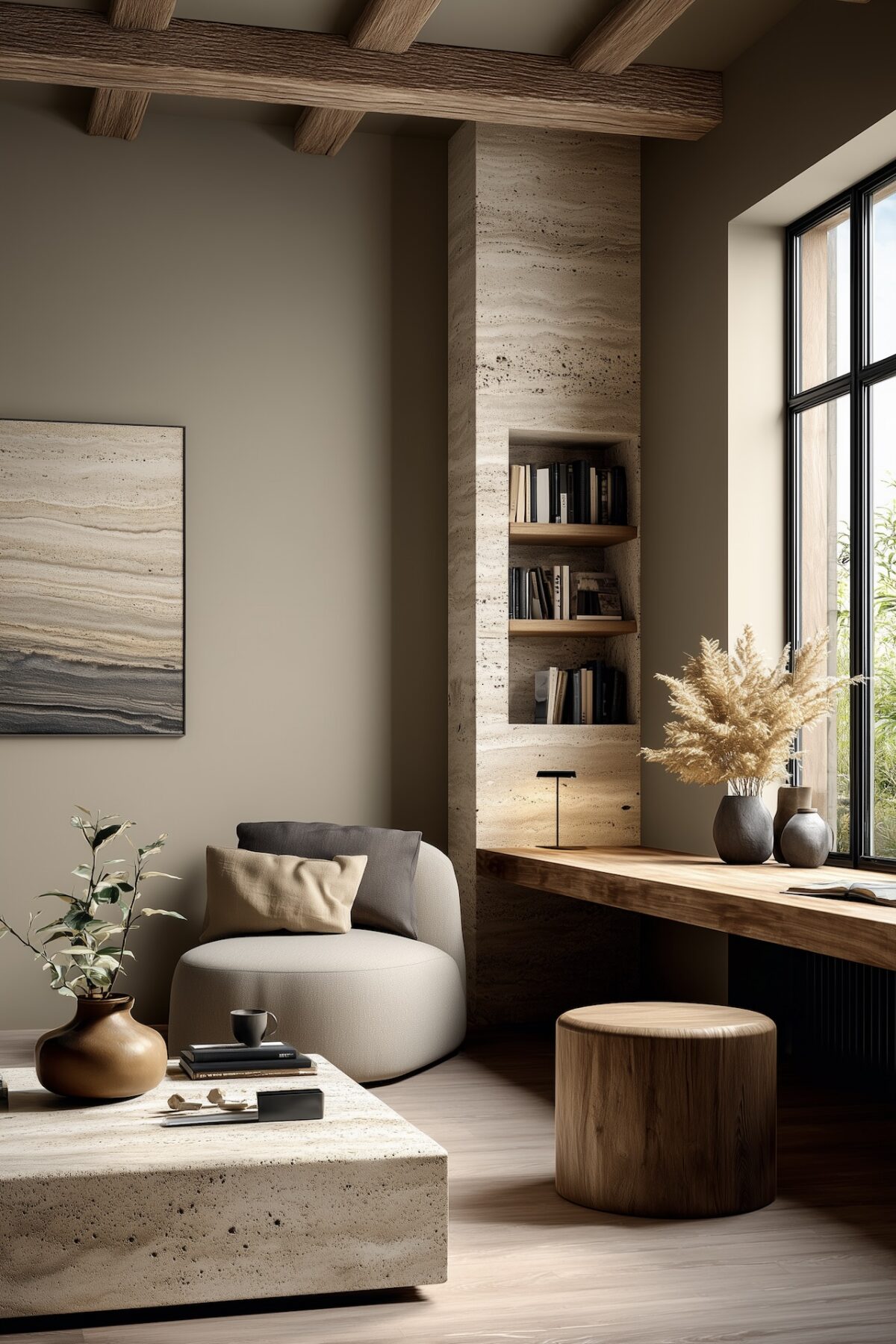 salon coin bureau planche travertin