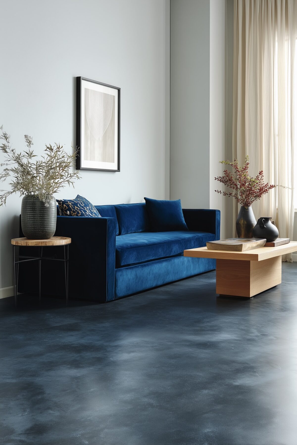 salon contemporain sol béton ciré bleu