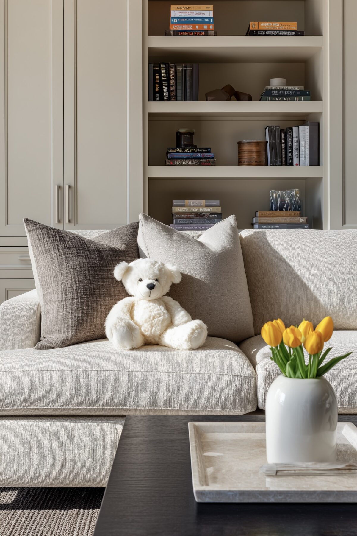 salon familial chic canapé clair coussins teddy