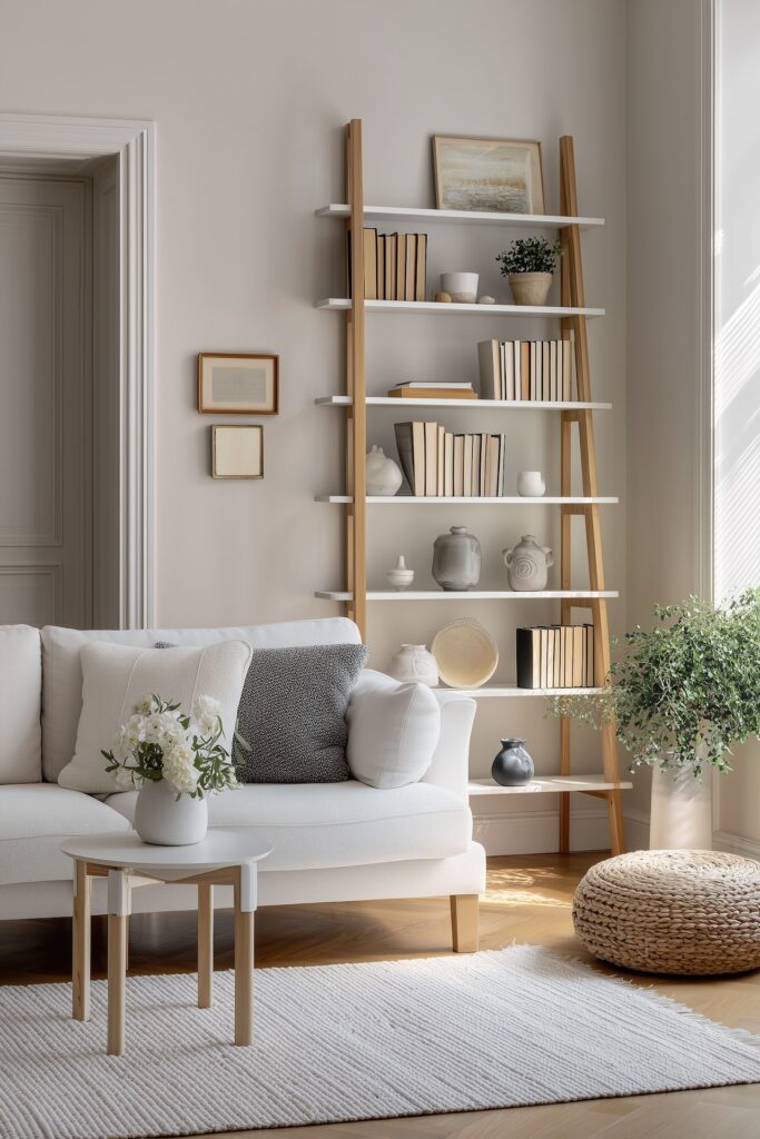 salon lumineux mur beige mobilier bois blanc laqué