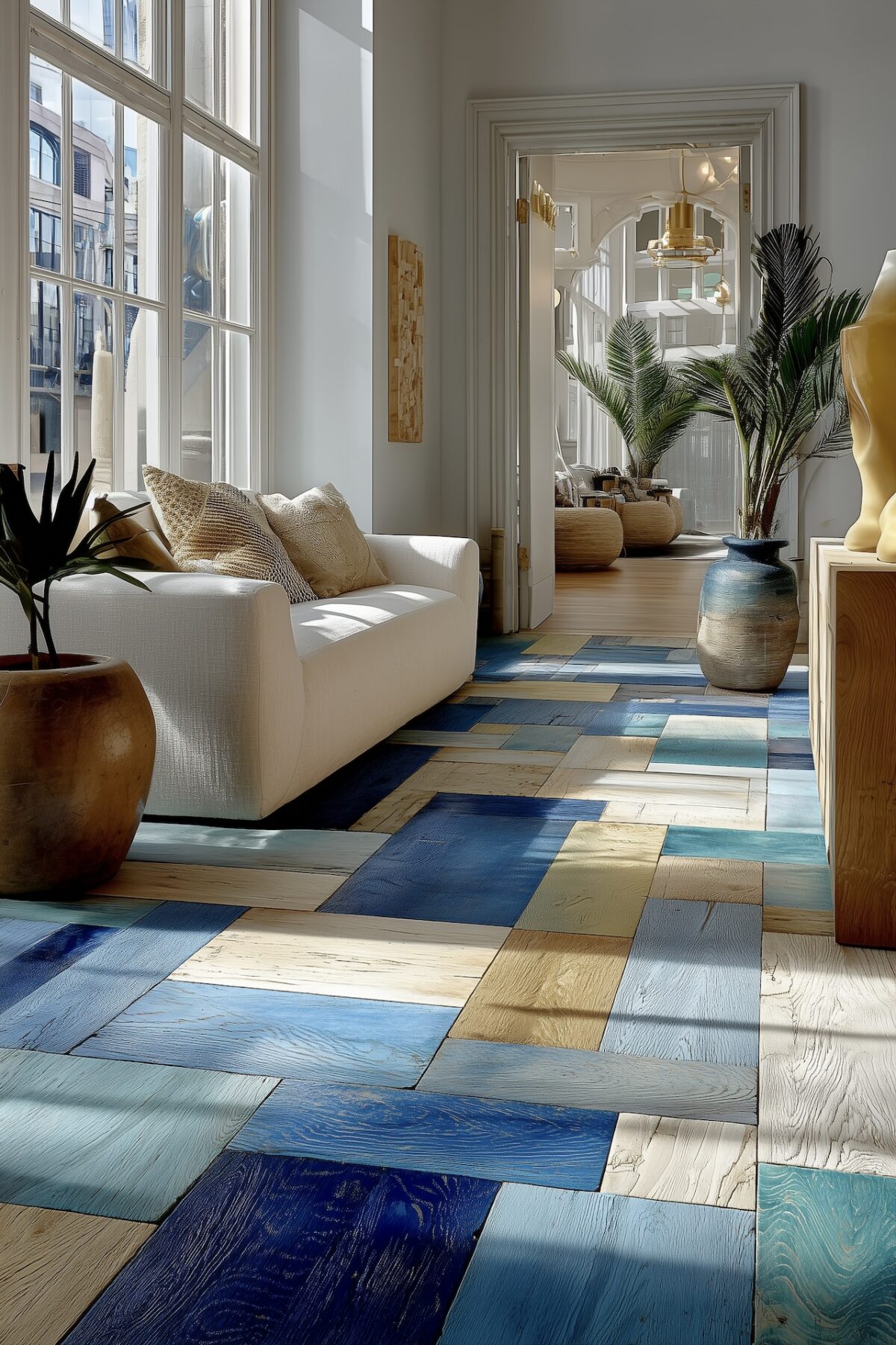 Salon lumineux avec canapé blanc et parquet peint patchwork bleu, beige et blanc, style éditorial