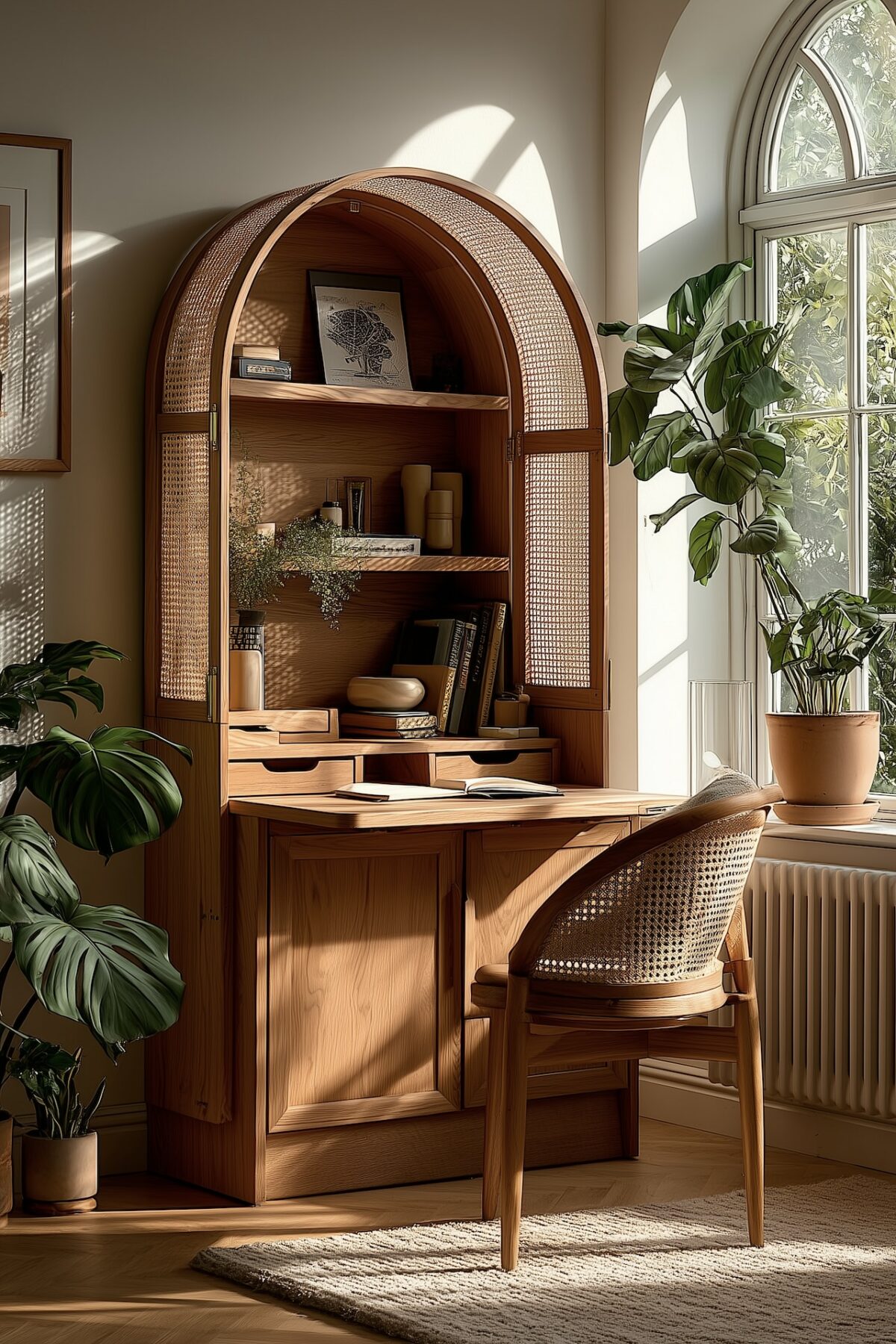 secrétaire bois arrondi cannage lumière naturelle