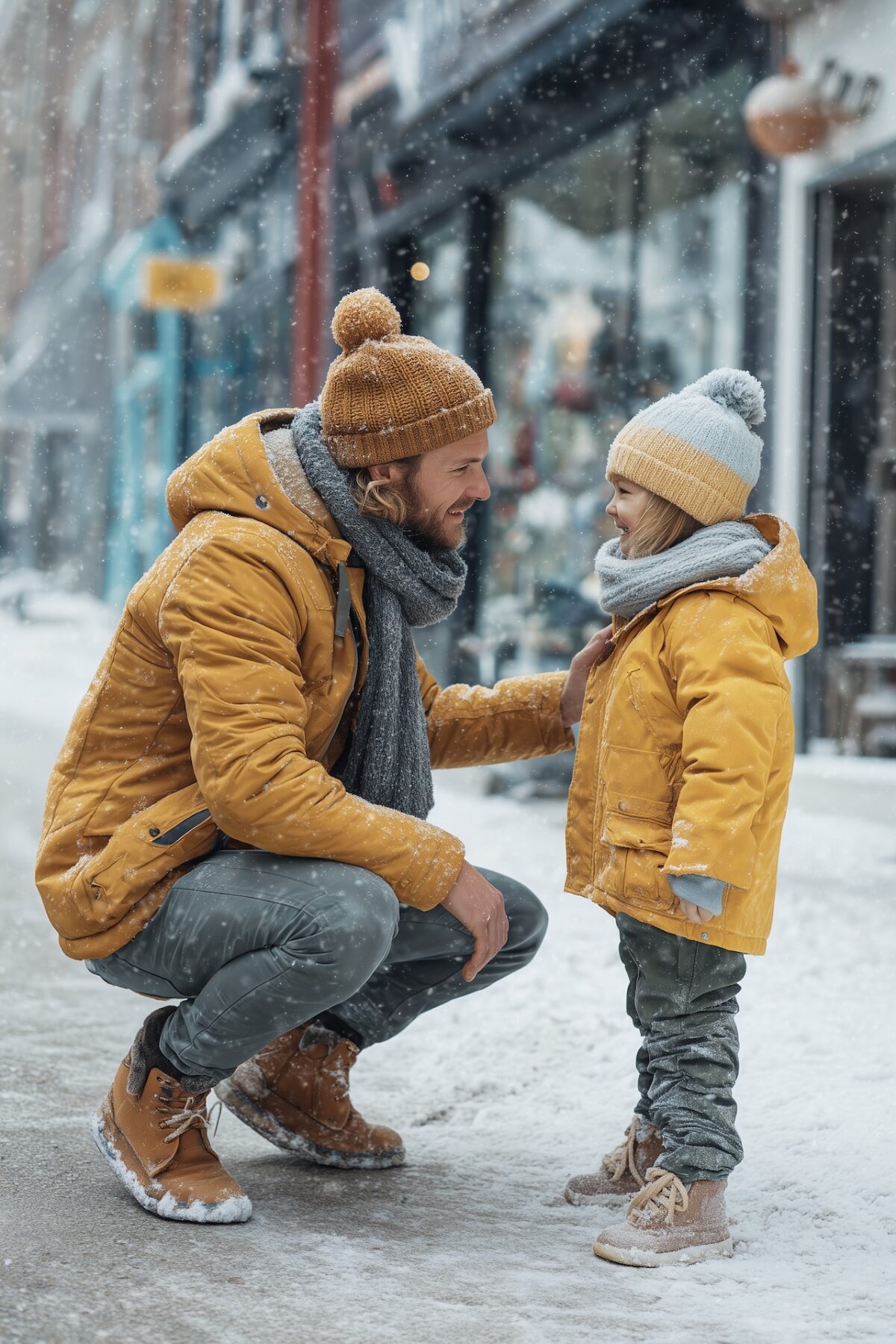 shooting papa enfant hiver neige ville