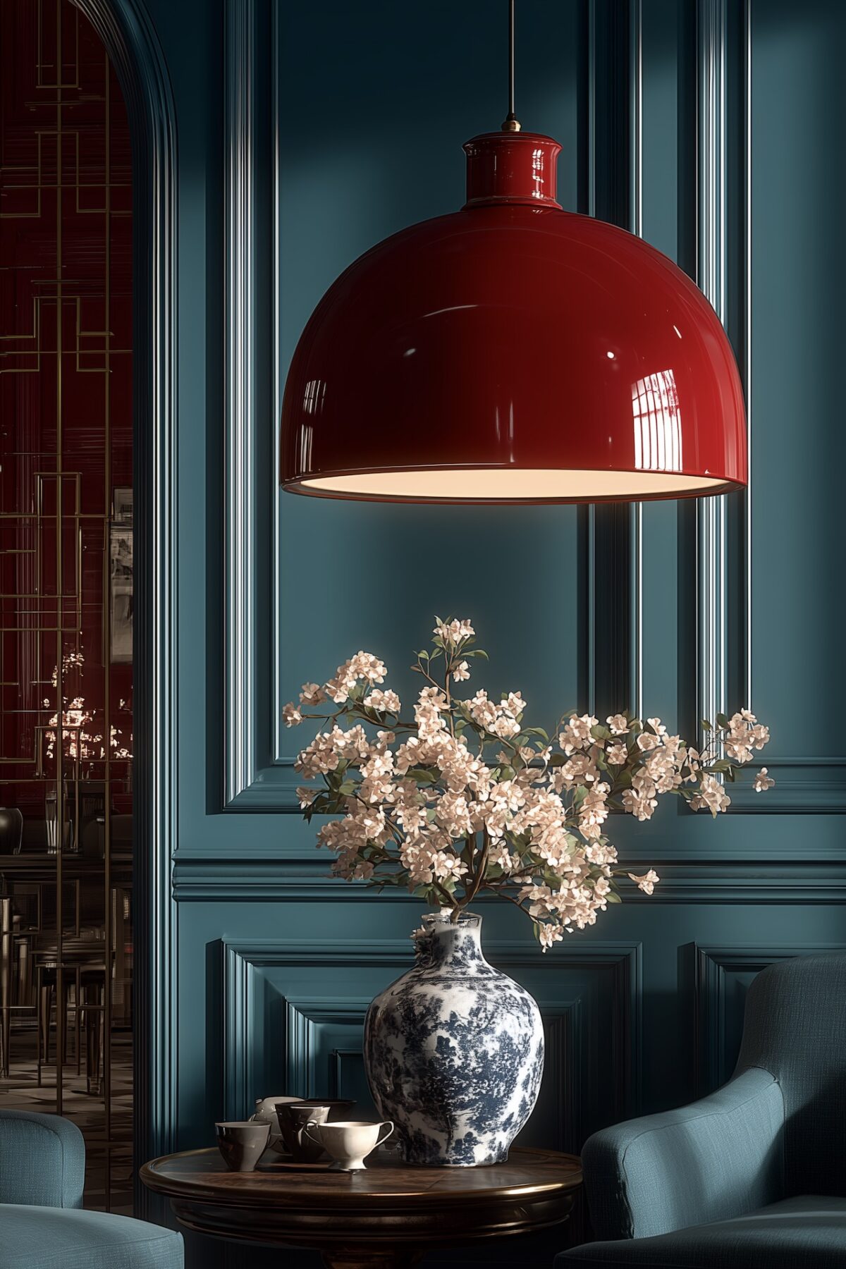 suspension rouge laqué design mur bleu moulures