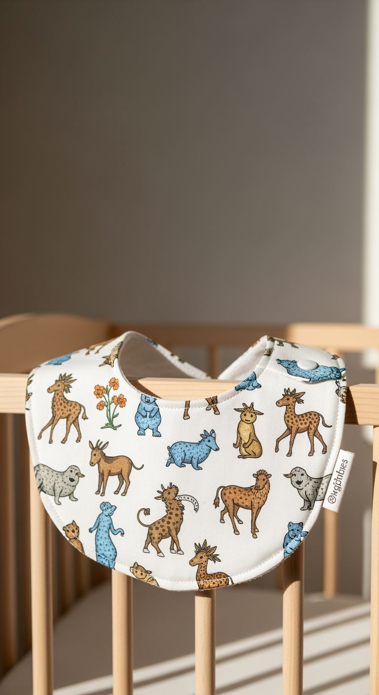 Un bavoir pour enfant, cousu main dans un joli tissu à motifs, posé dans une chambre baignée de lumière, symbolisant le projet final réussi.
