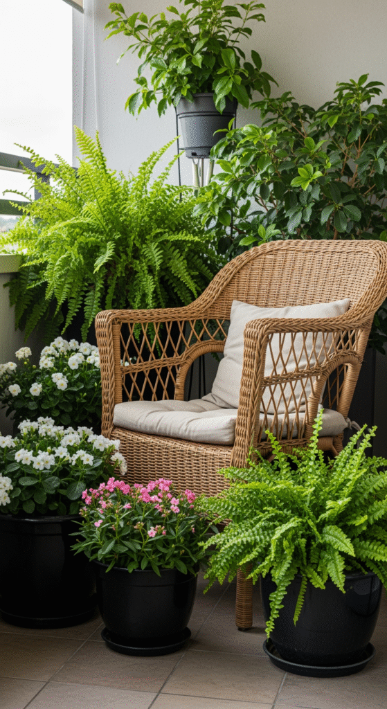 Un coin salon confortable avec un fauteuil en osier vide, entouré de plantes luxuriantes sur un balcon, créant une atmosphère de retraite paisible.