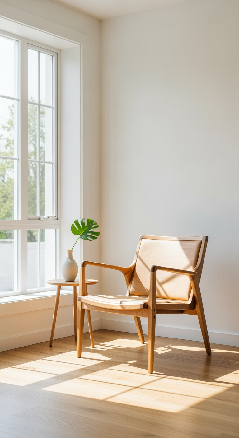Un fauteuil en bois de fabrication française dans un salon lumineux et apaisant, représentant un achat réalisé en toute confiance.