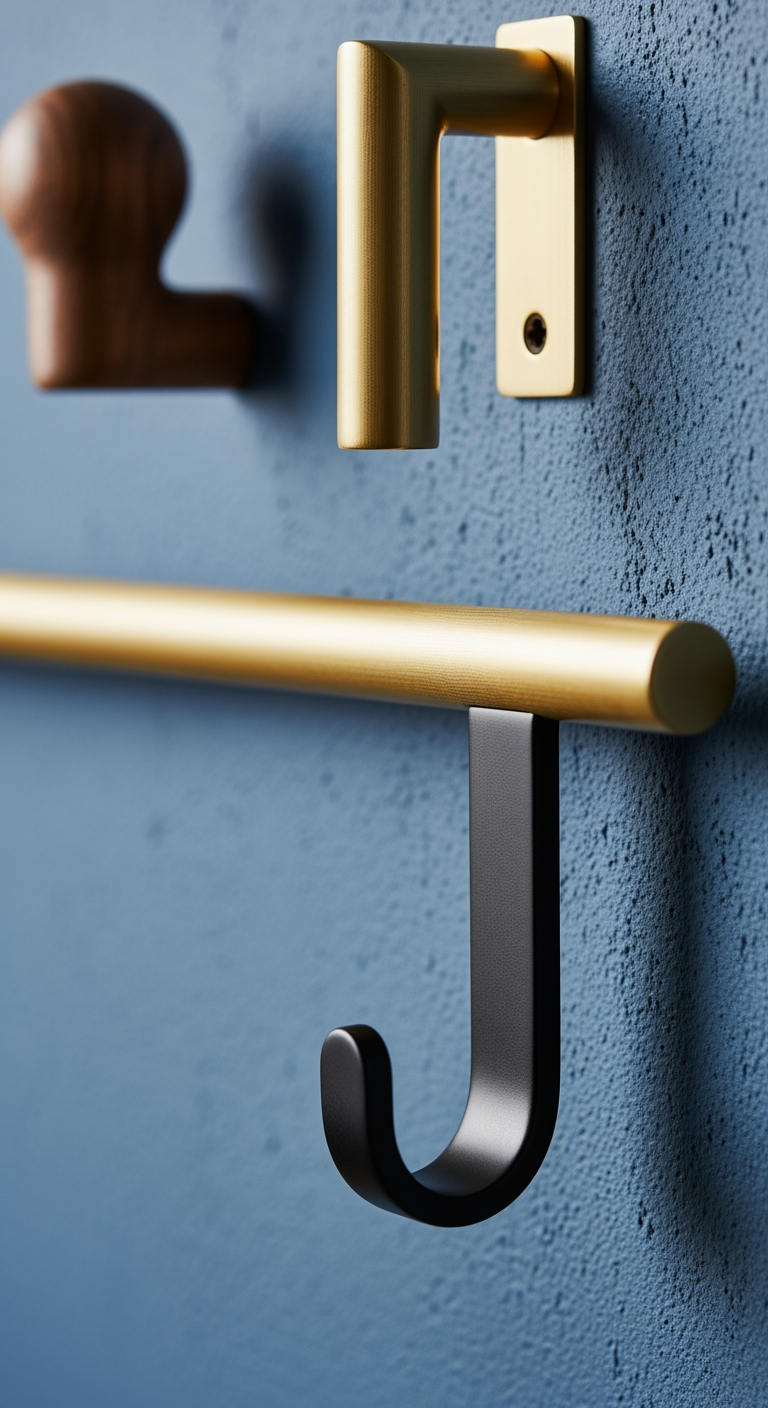 Un gros plan sur trois types de quincaillerie de rangement mural de différents matériaux—métal noir, laiton brossé et bois—représentant divers niveaux de budget.