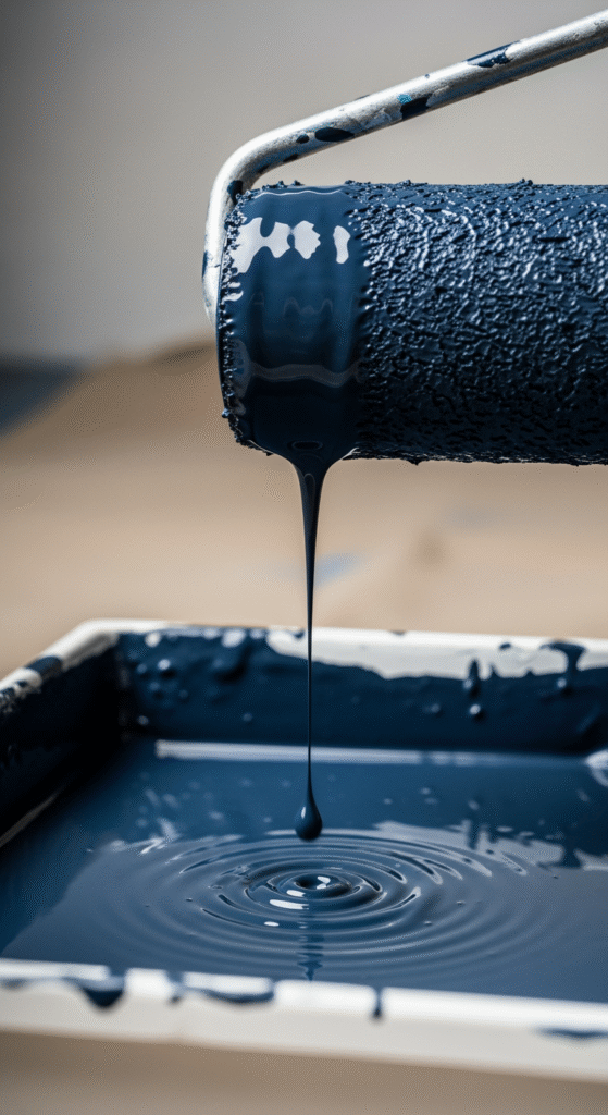 Un rouleau de peinture chargé de peinture bleu marine, posé sur un bac, prêt pour l'application.