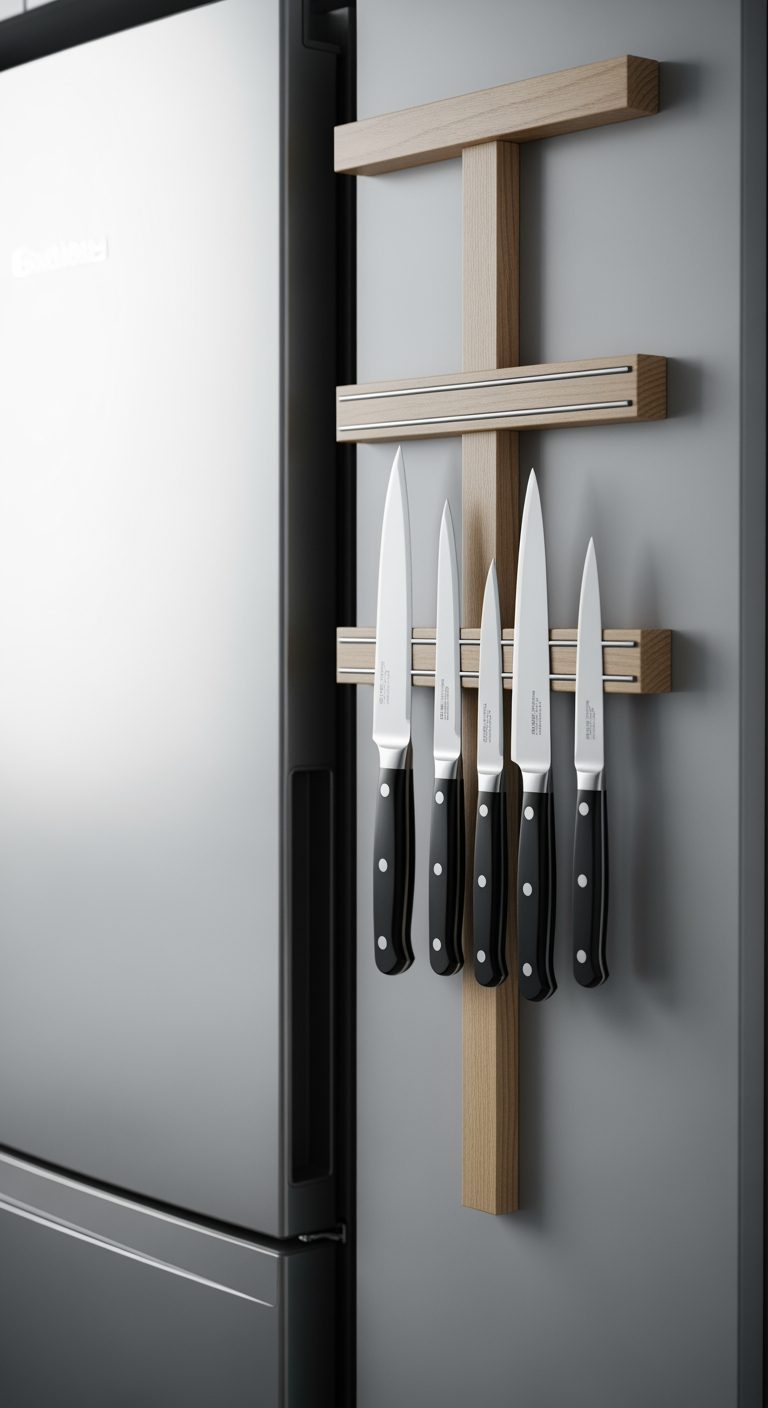 Une barre magnétique en bois fixée sur le côté d'un réfrigérateur, retenant des couteaux de cuisine, comme solution de rangement sans perçage.