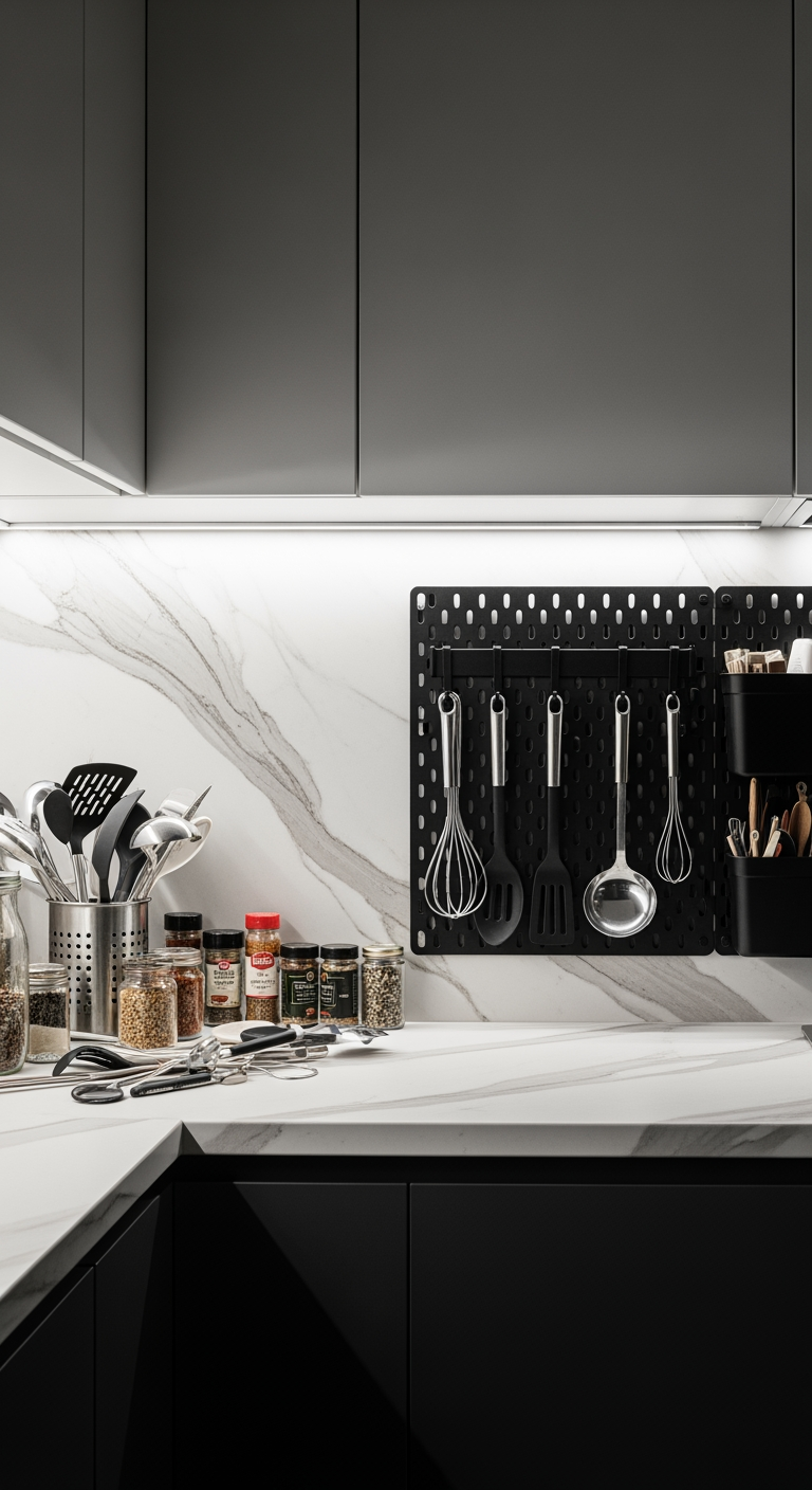 Une crédence de cuisine montrant la transformation d'un espace de travail encombré en un espace organisé grâce à un panneau perforé vertical.