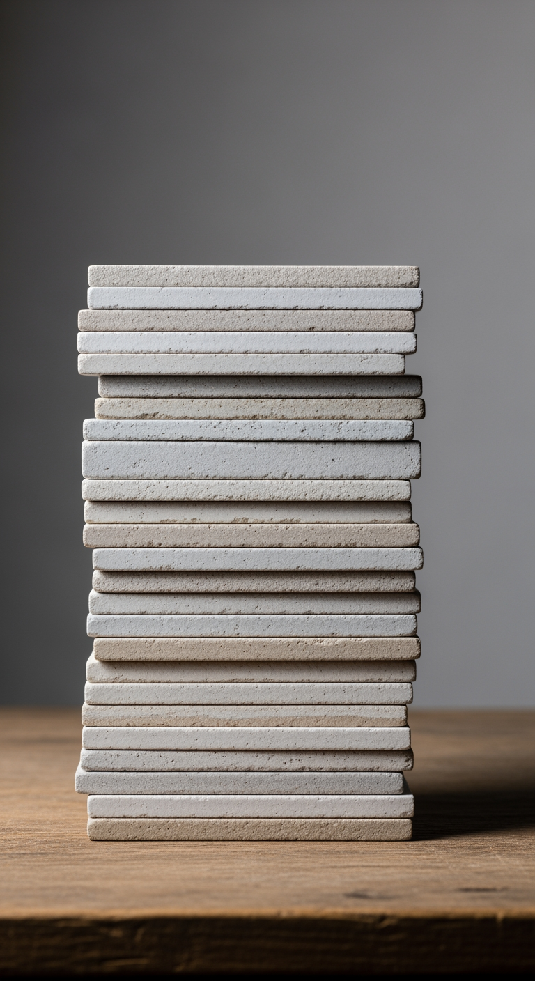 Une pile de carreaux de zellige non posés dans des tons de blanc et de beige, montrant leurs variations de couleur et de texture avant l'installation.