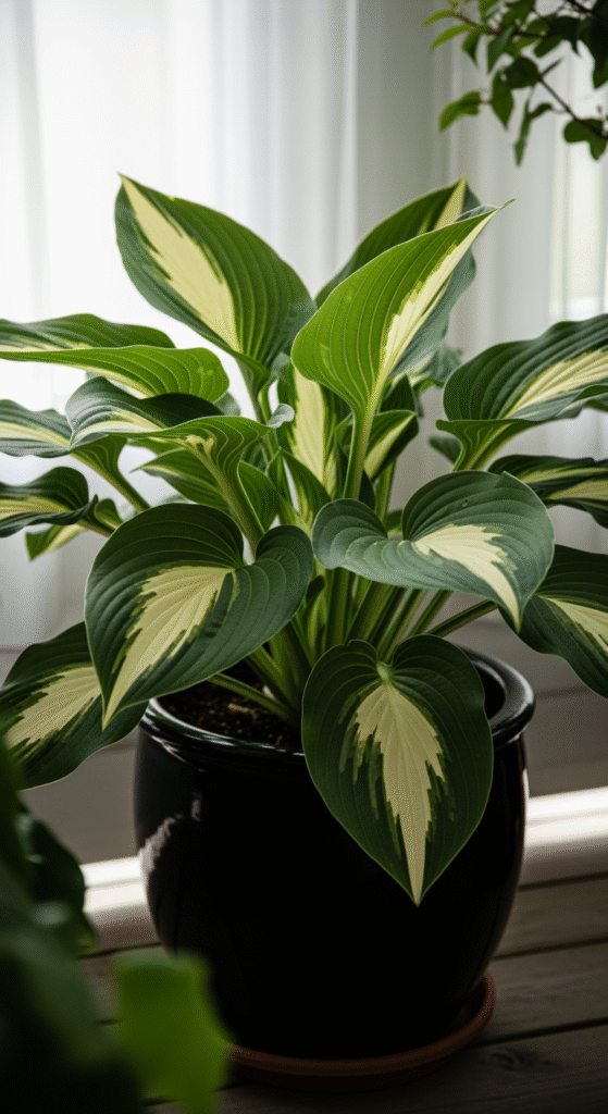 Une plante de hosta saine avec de grandes feuilles panachées dans un pot, placée dans un coin ombragé d'un balcon.
