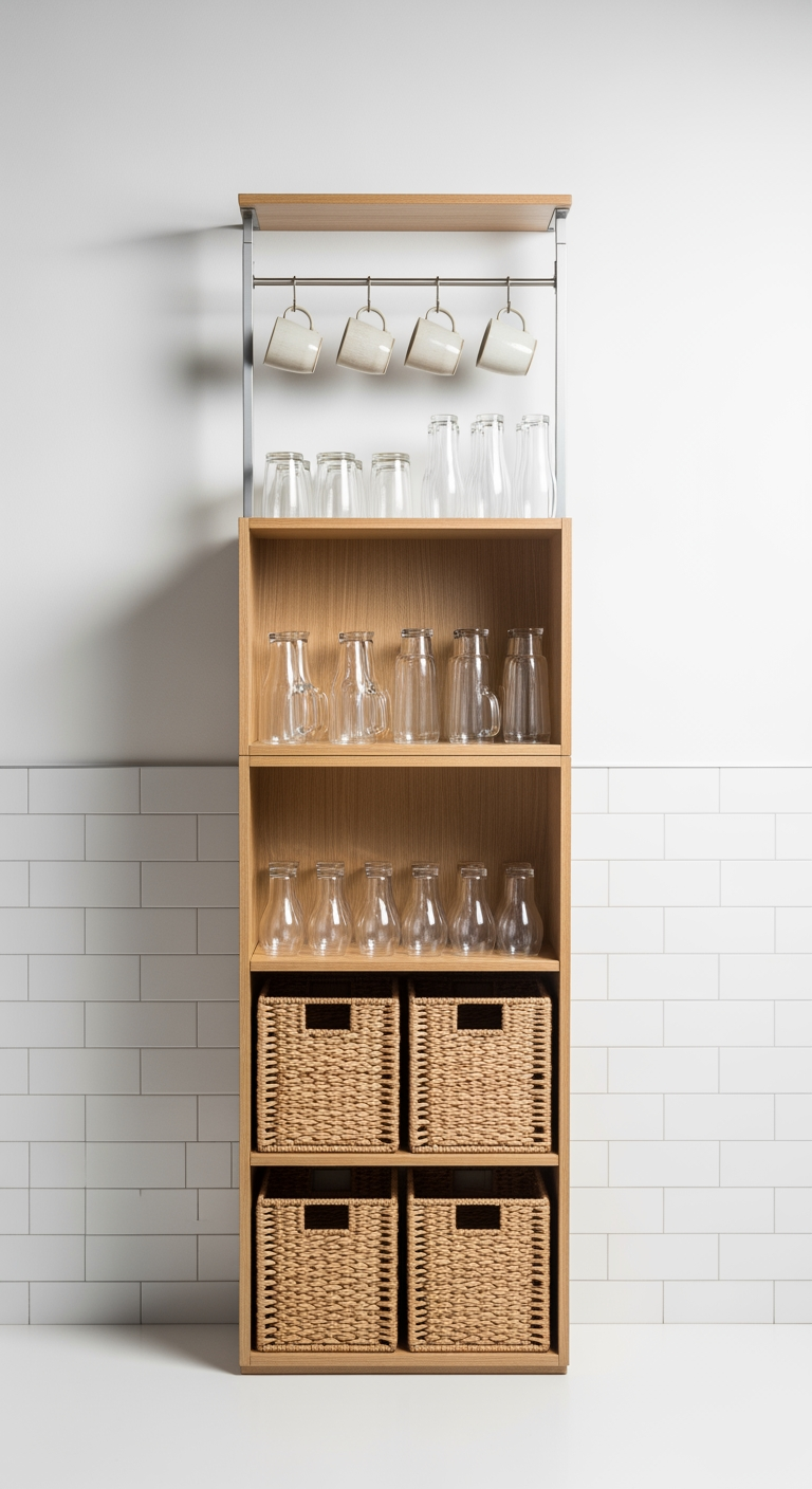 Une étagère modulaire haute et étroite illustrant le rangement vertical du sol au plafond dans une petite cuisine.