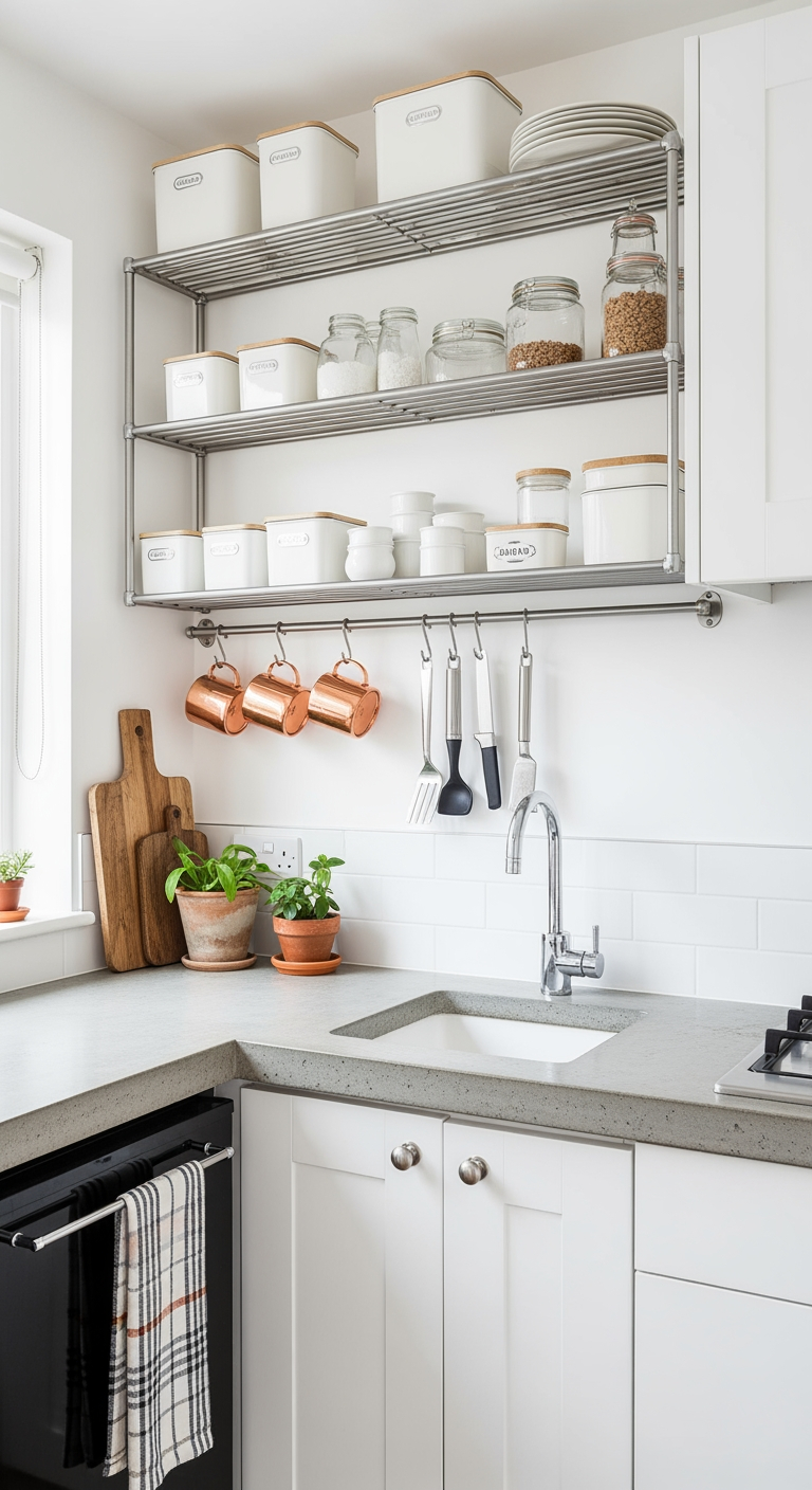 Une vue d'ensemble d'une micro-cuisine transformée, propre et parfaitement organisée, avec un plan de travail dégagé et un rangement vertical efficace.