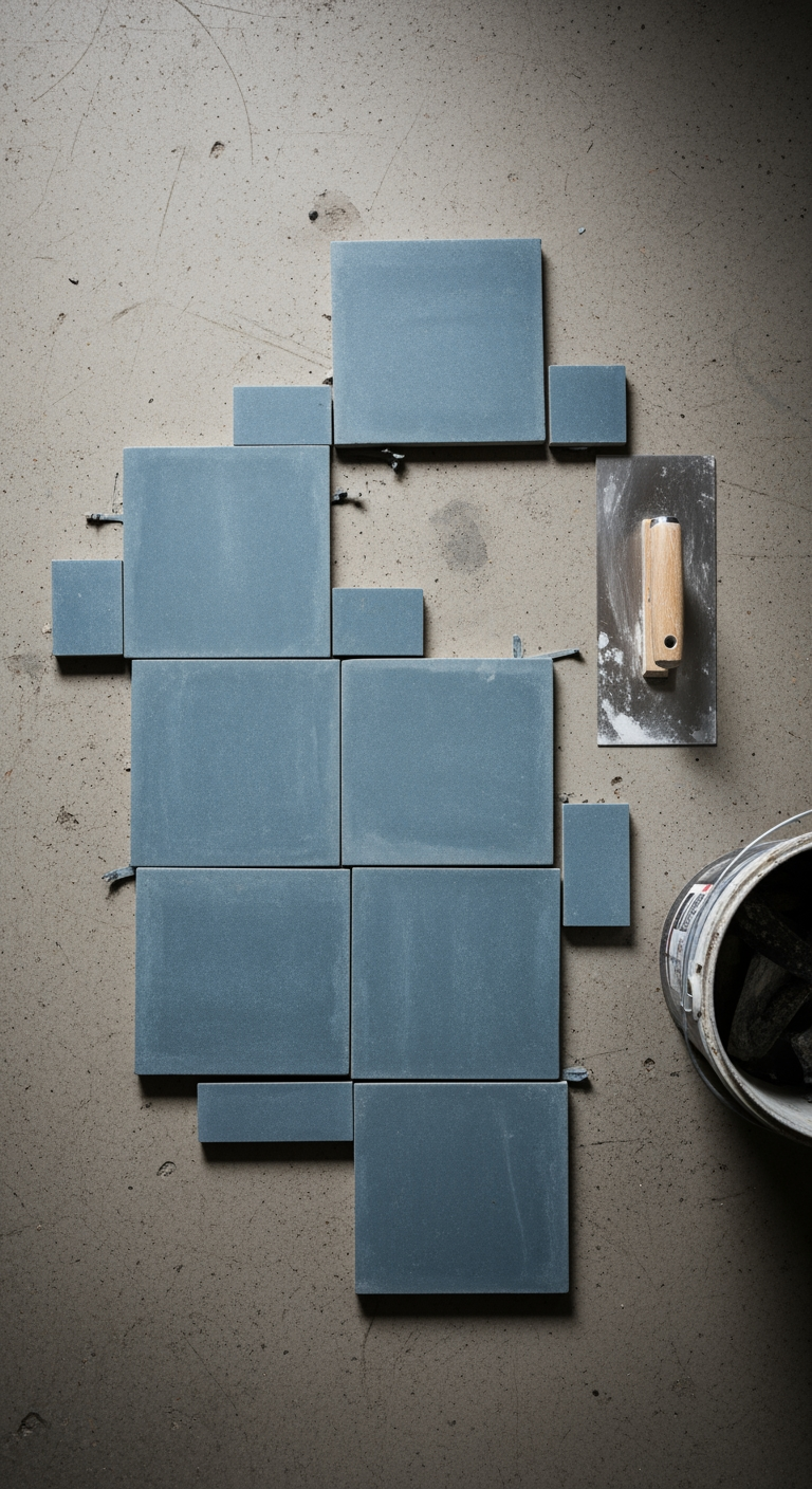 Vue de dessus de carreaux de zellige bleu-gris disposés au sol pour un calepinage, avec une truelle à côté, illustrant la préparation de la pose.