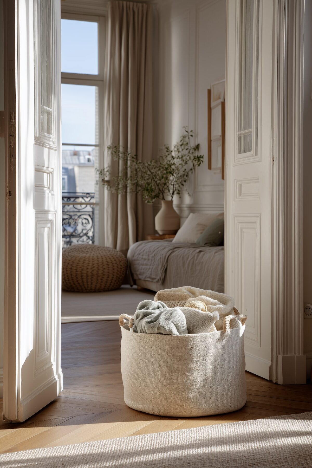 Appartement parisien lumineux panier linge naturel