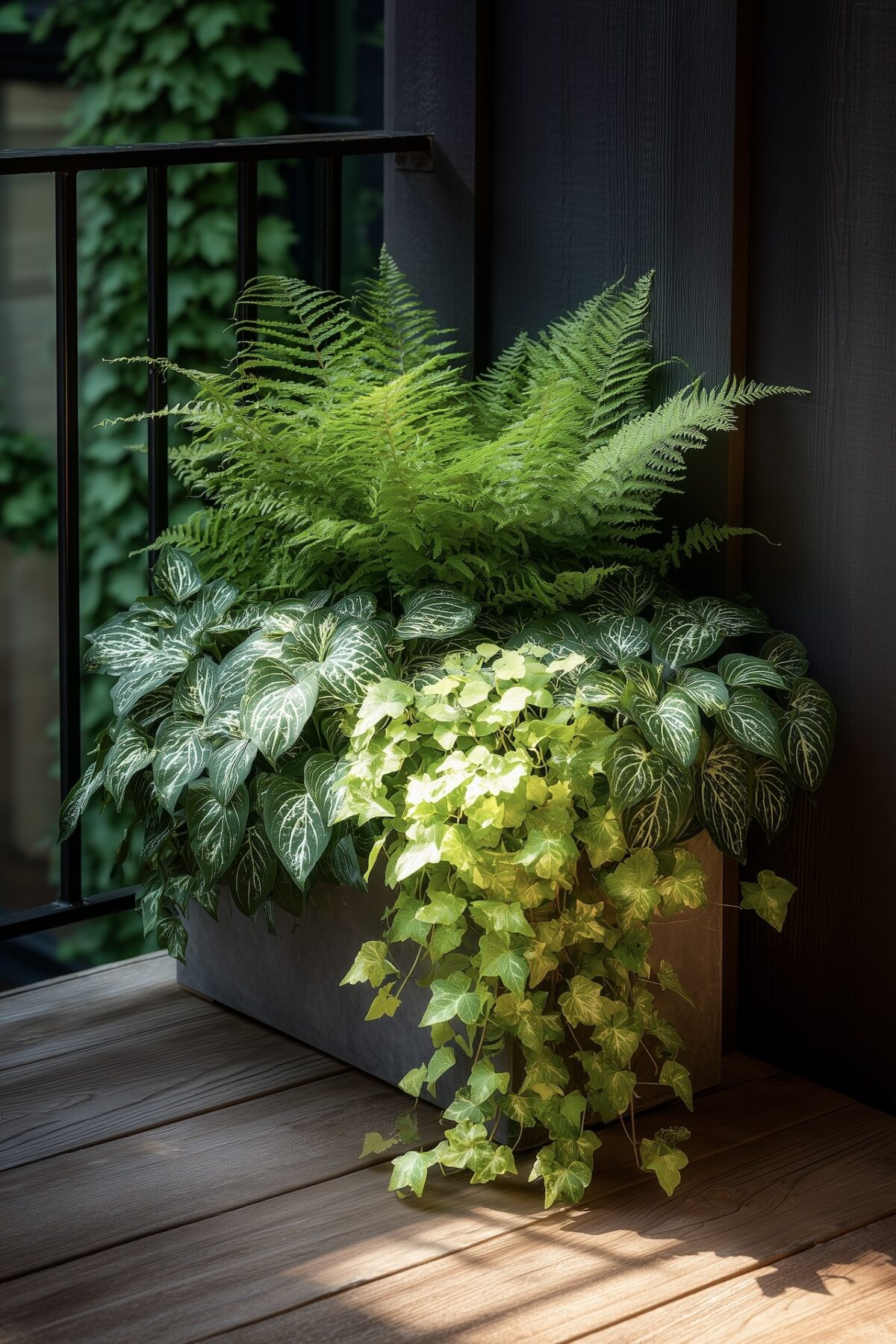 balcon ombragé bac plantes fougère hosta lierre