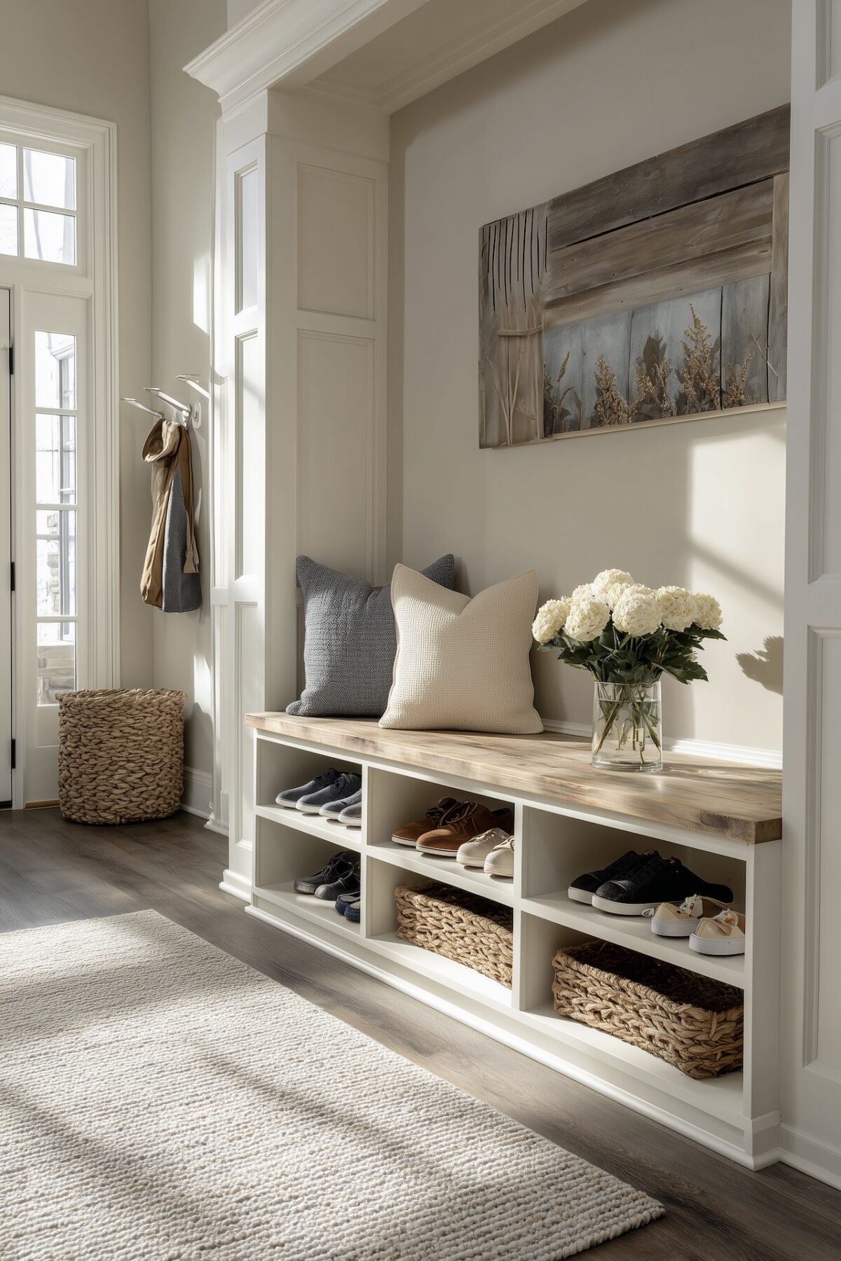 Banc d'entrée en bois et blanc avec rangement chaussures ouvert, paniers en osier et coussins décoratifs