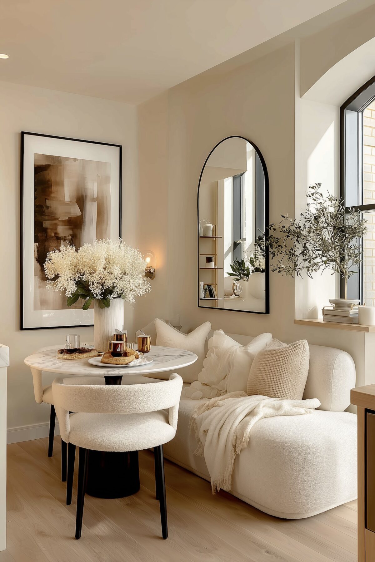 banquette salle à manger beige élégante miroir arche