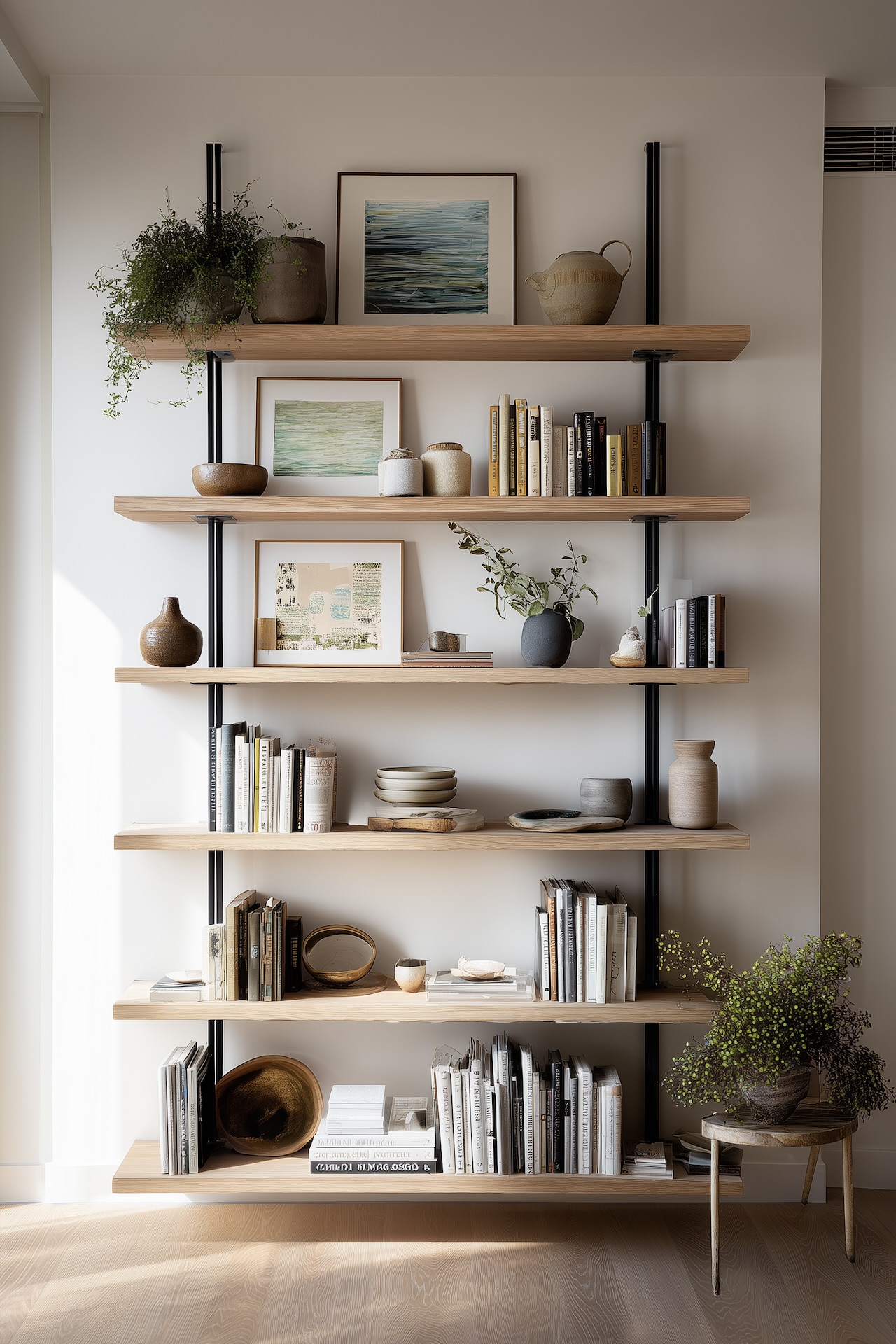 Bibliothèque murale bois clair montants métal noirs