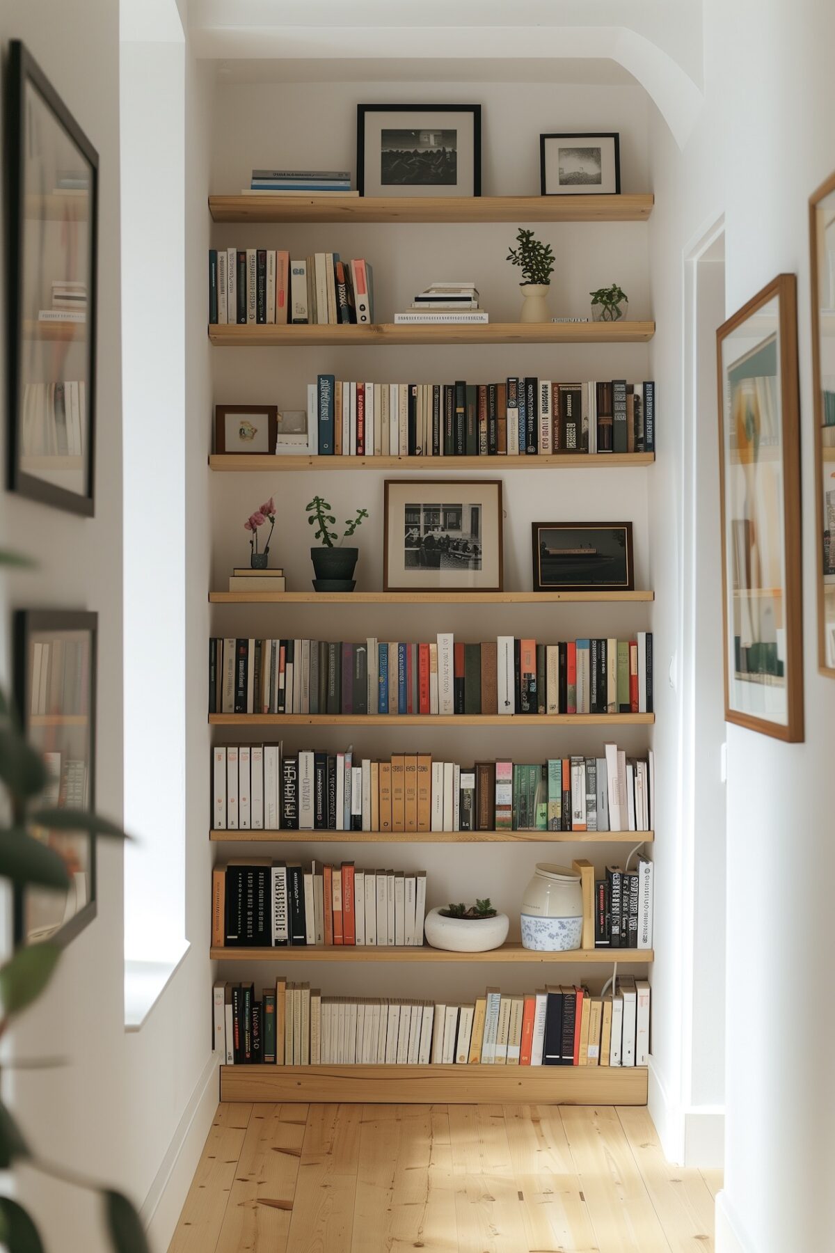 Bibliothèque murale en bois clair du sol au plafond dans couloir lumineux avec étagères ouvertes et livres