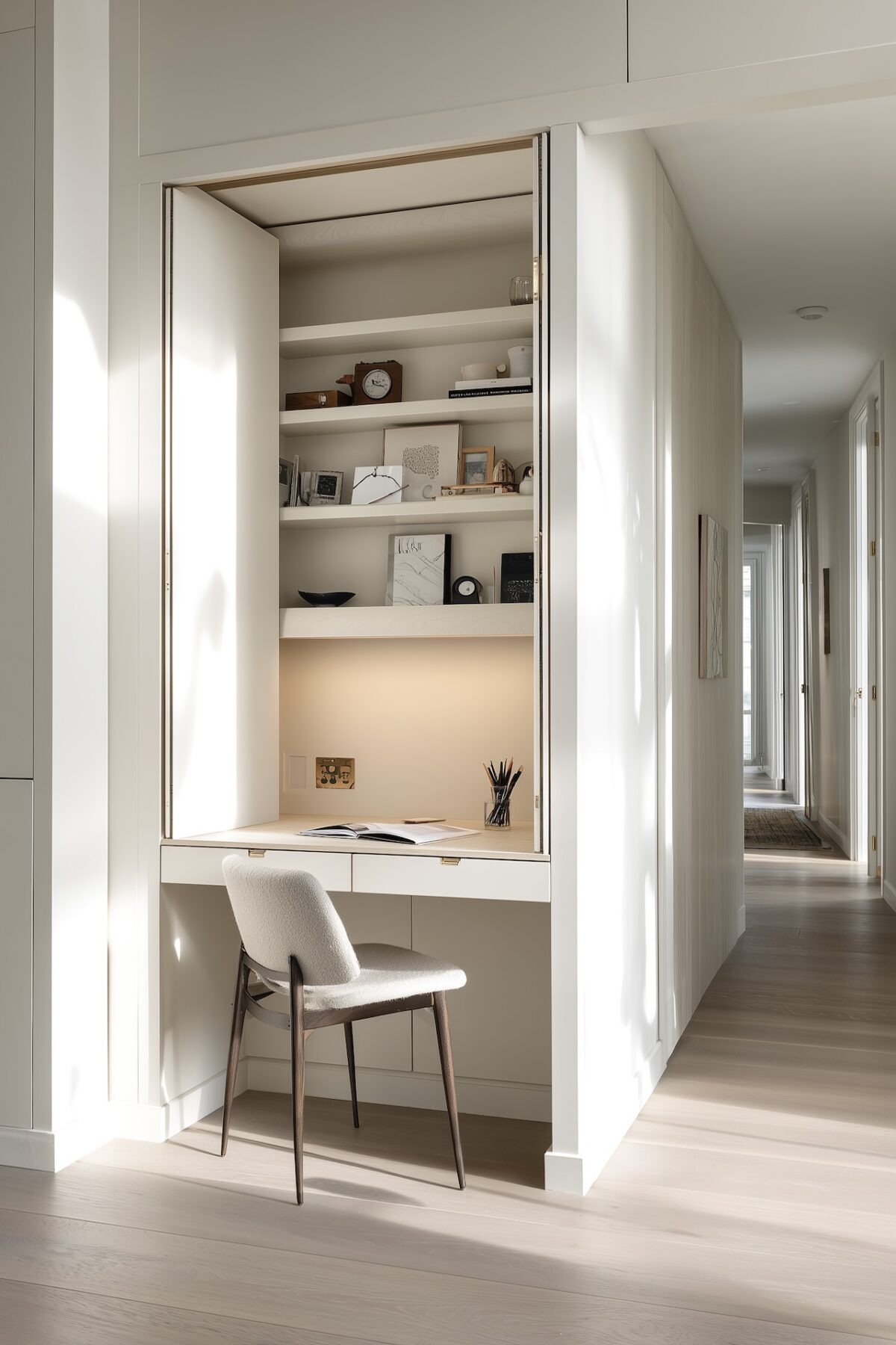 Bureau intégré dans niche murale avec étagères sur mesure et éclairage LED dans petit appartement moderne