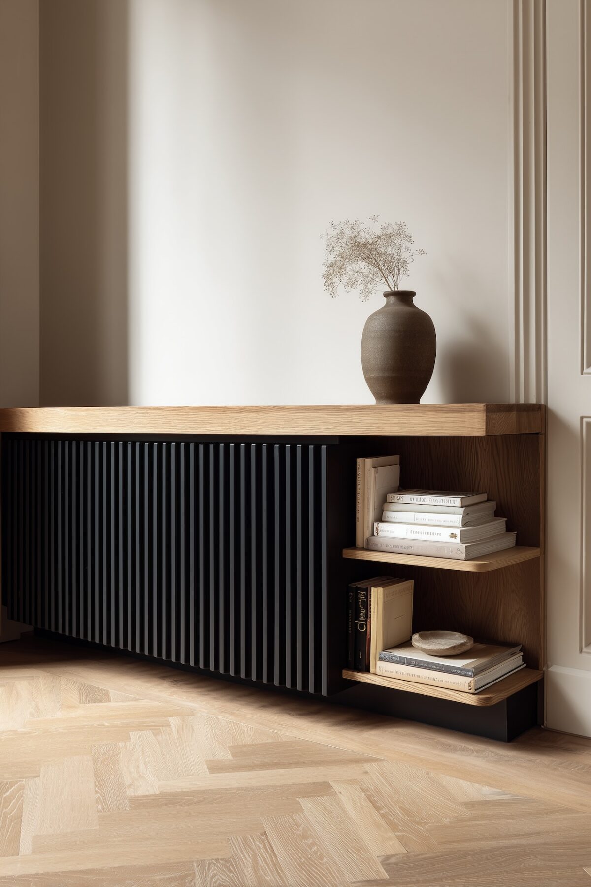 cache-radiateur bois noir niche rangement buffet bas