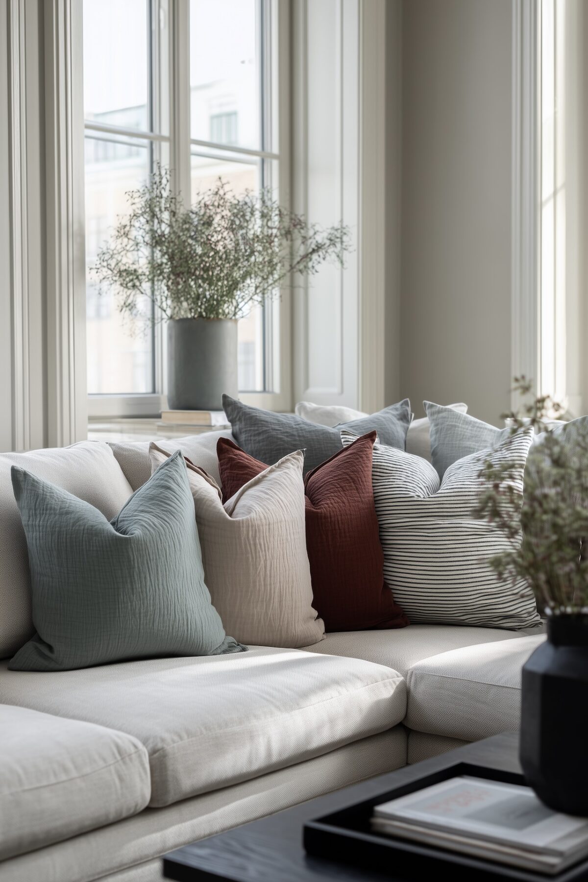 canapé angle blanc cassé coussin terracotta bleu
