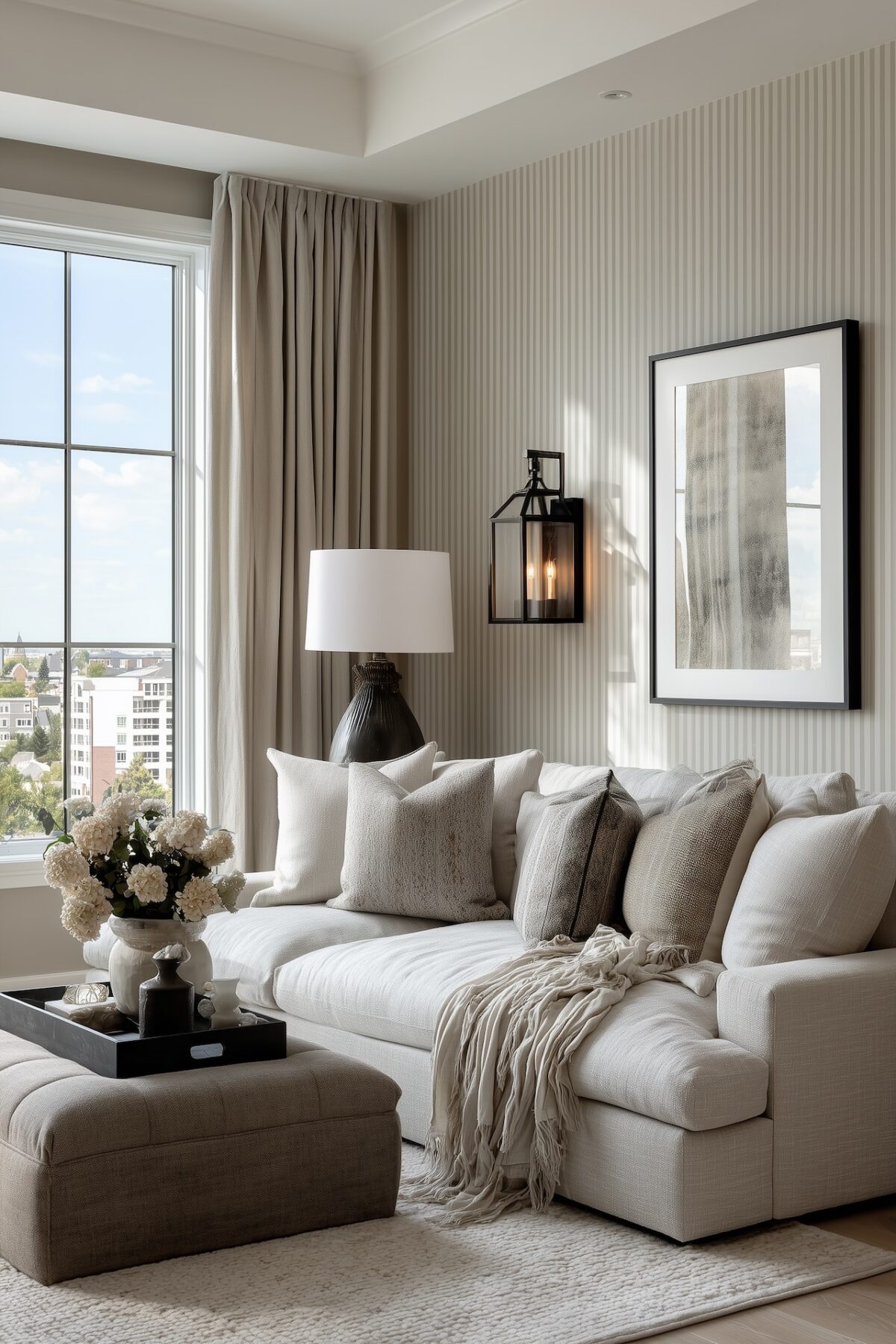 Canapé clair et mur texturé rayures verticales