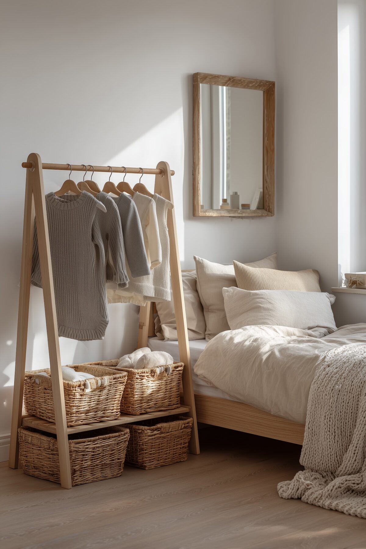 Chambre enfant minimaliste bois naturel rangement ouvert