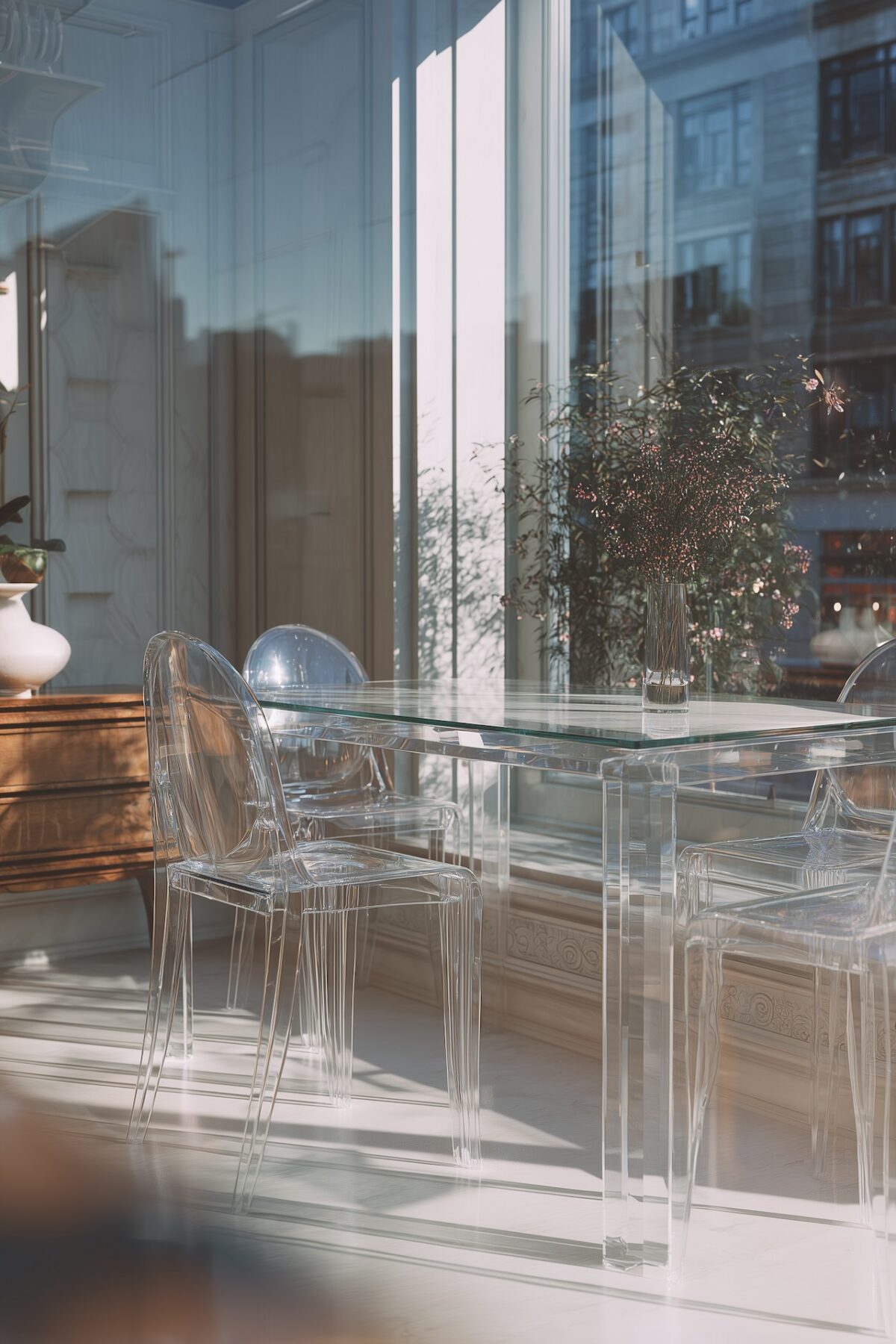 coin repas table verre chaises transparentes lumineux