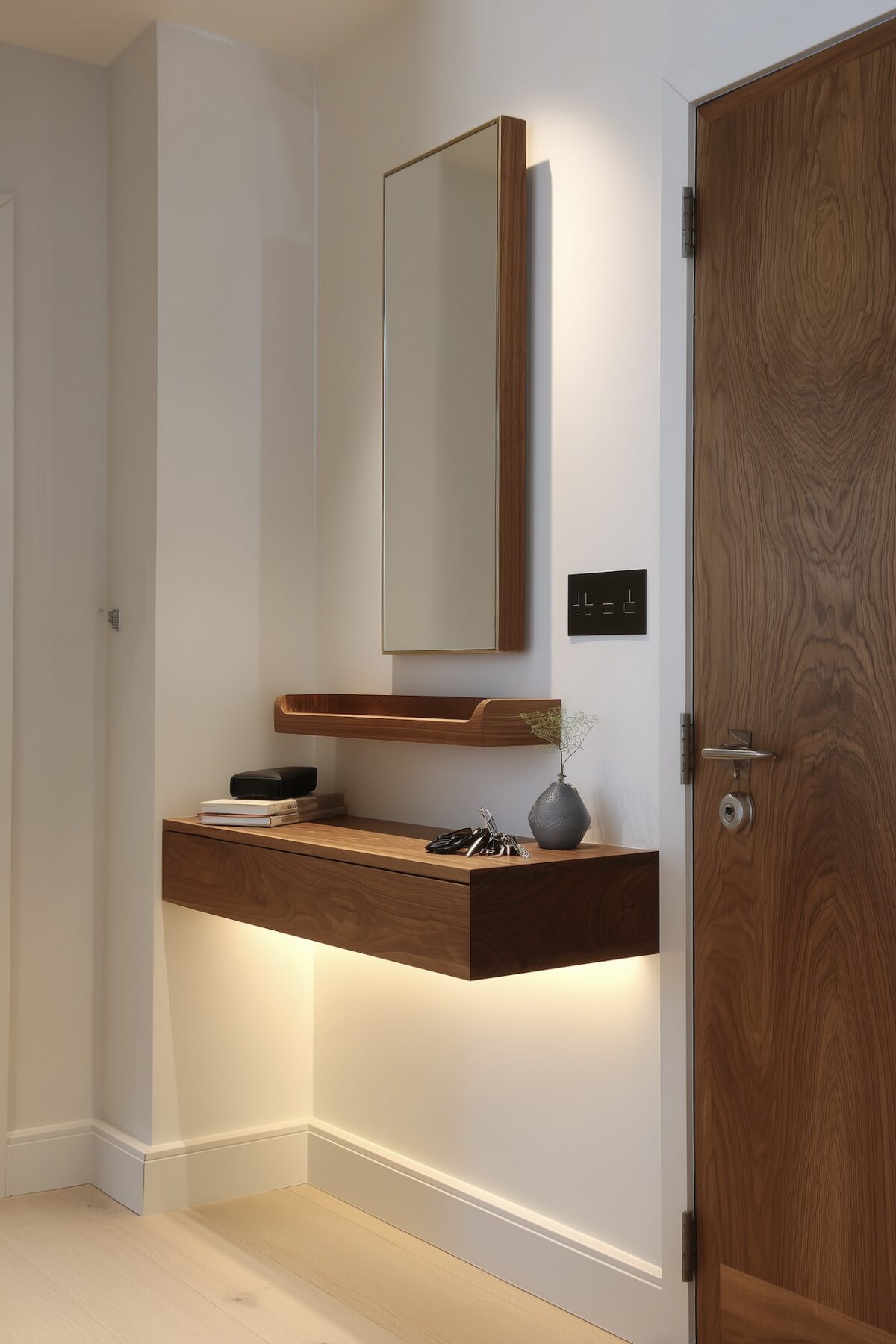 console entrée suspendue bois noyer miroir