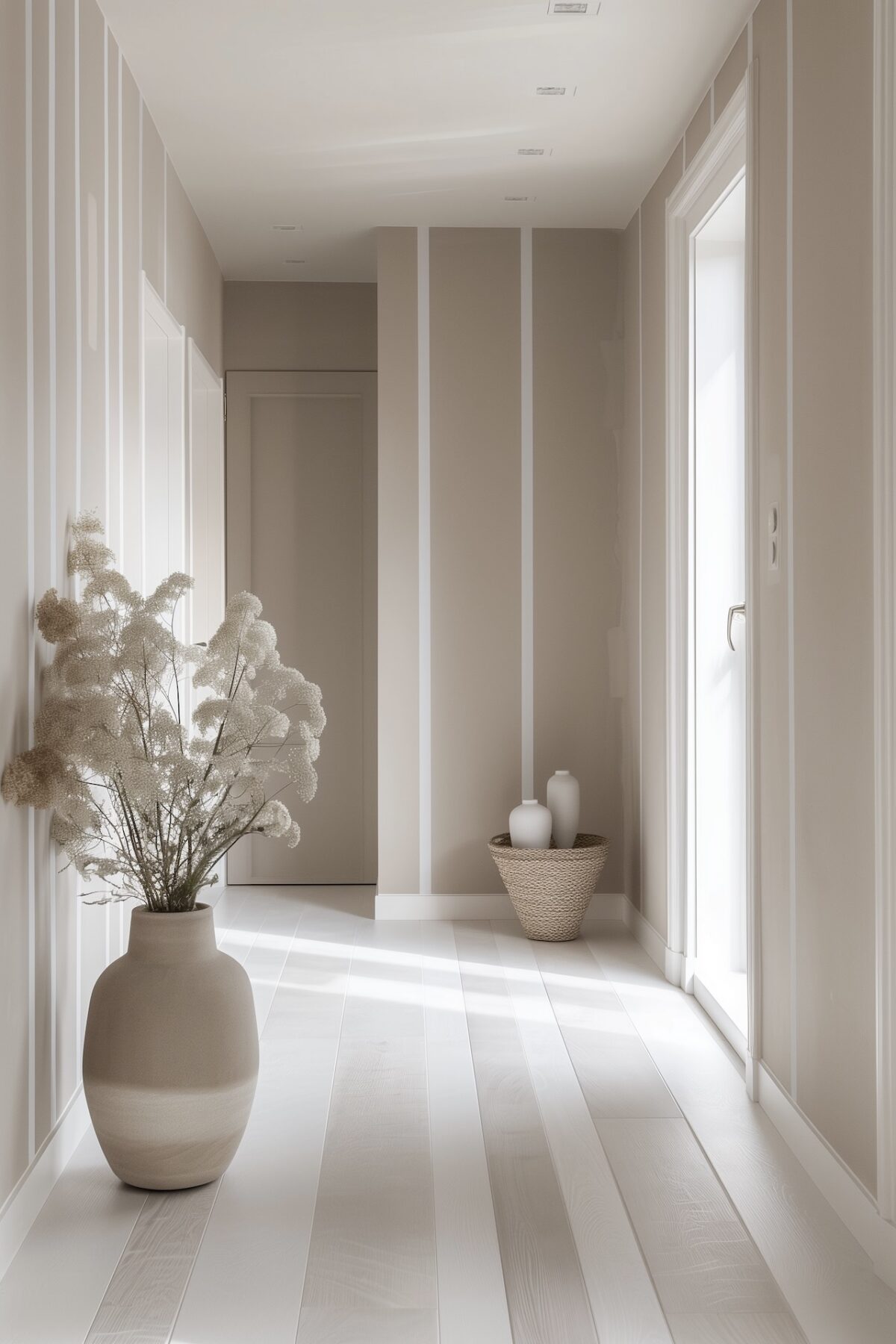 couloir beige grosses rayures verticales sol clair parquet peint