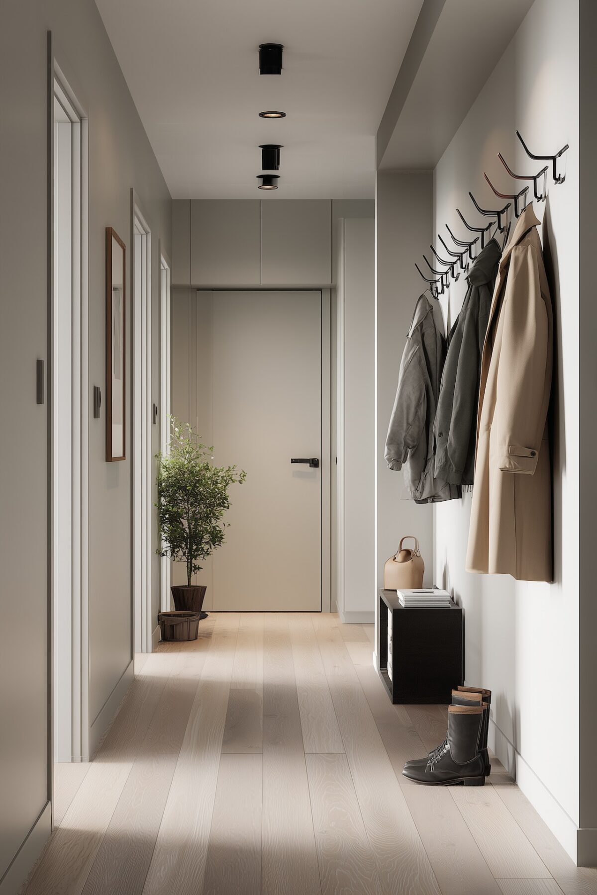 Couloir étroit aménagé avec patères murales design noir, banc bas et rangement optimisé pour petit espace