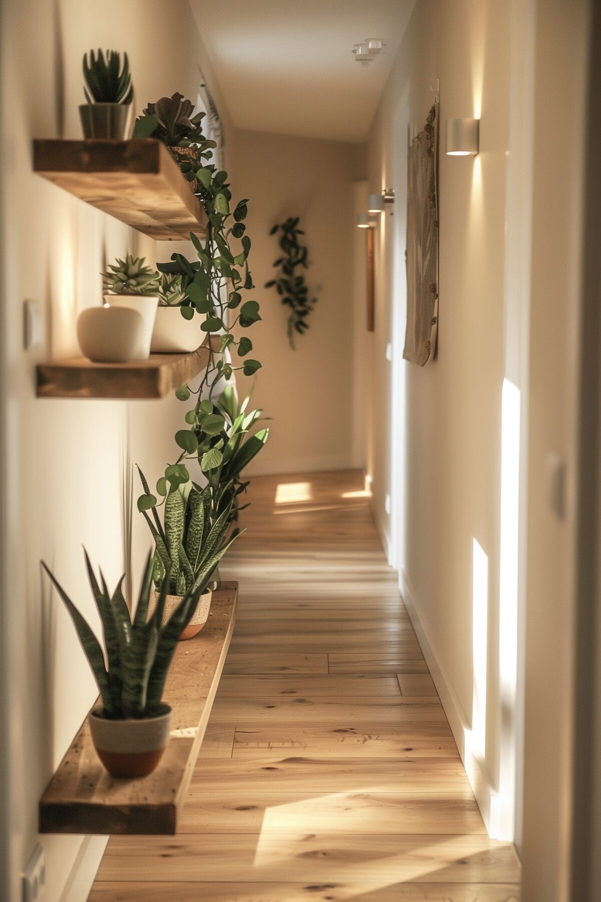 couloir étroit étagères fines bois peu profondes plantes