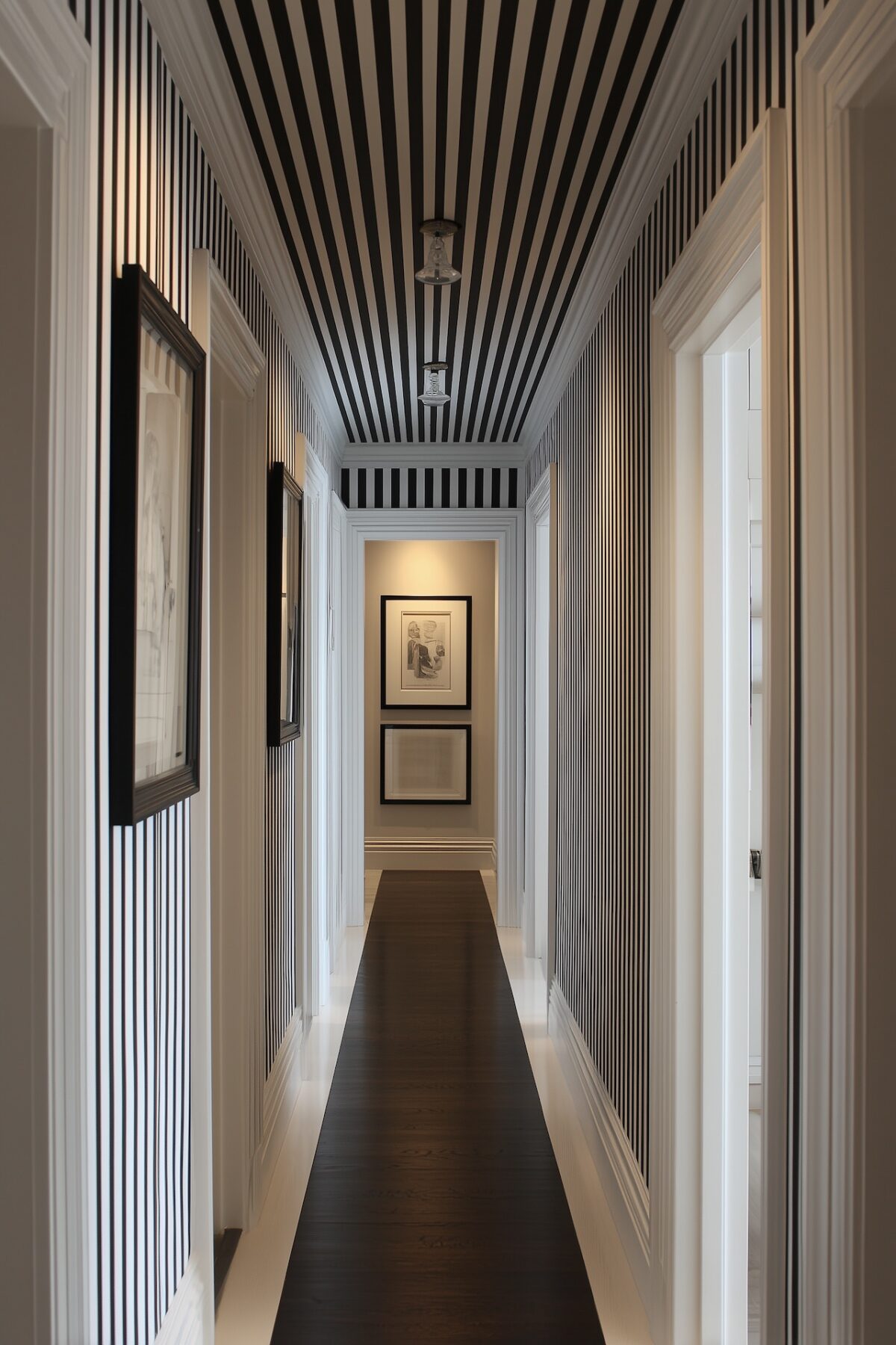 couloir étroit rayures verticales noir blanc