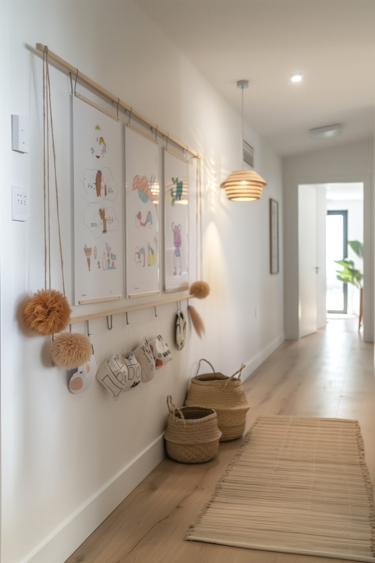 Couloir familial minimal avec rail mural pour dessins, paniers en fibres naturelles et tapis en jute