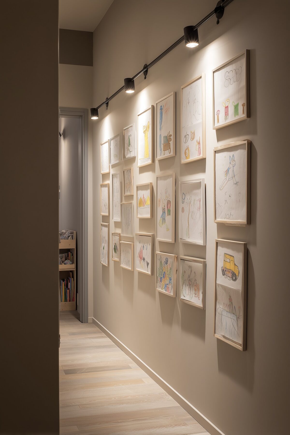 Galerie murale dans couloir étroit avec dessins d’enfants encadrés sous rail lumineux noir et parquet bois clair