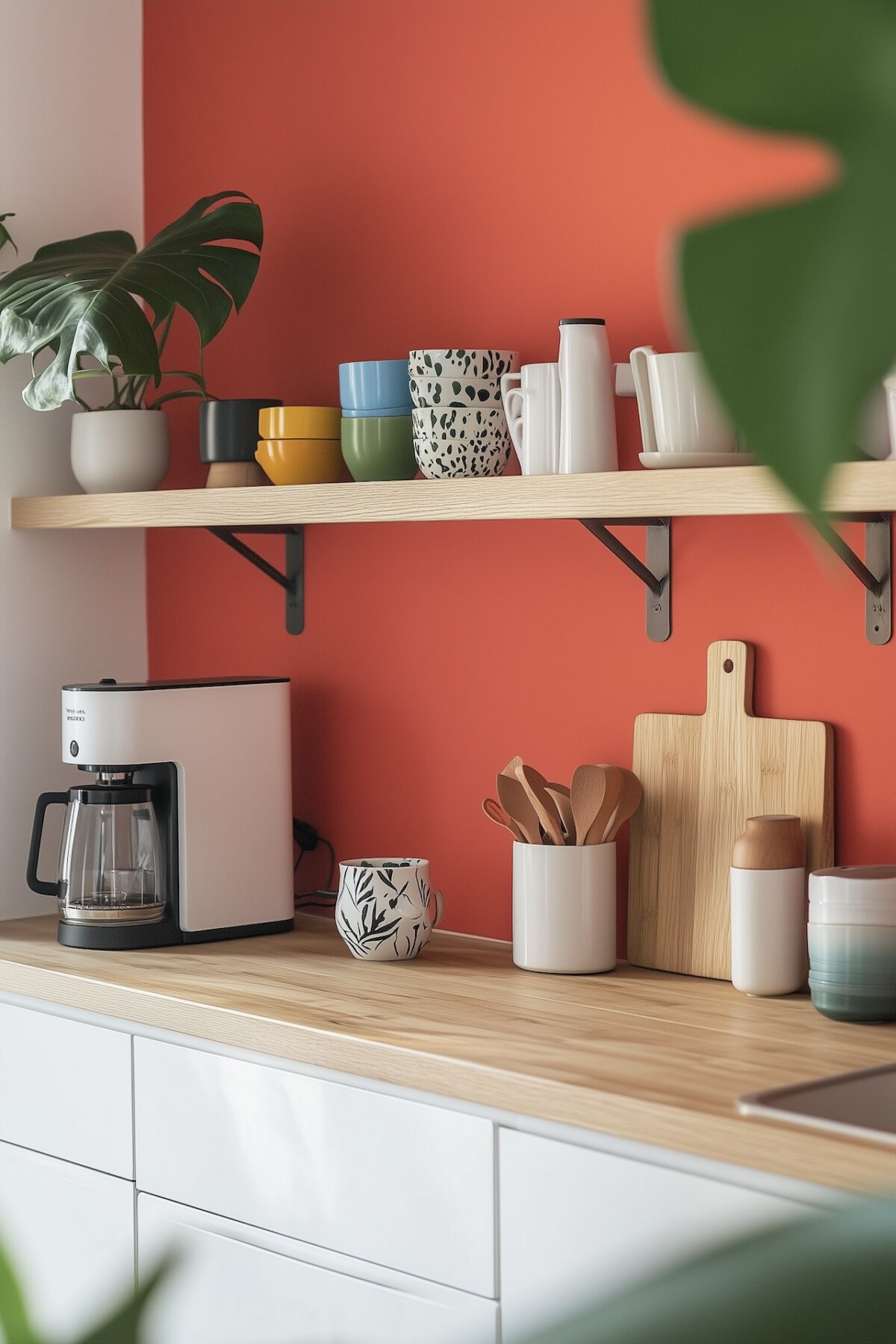 Petite cuisine parisienne avec meubles blancs sans poignées, mur d'accent peint en rouge corail, étagère ouverte en bois clair avec bols colorés et monstera en pot, plan de travail en bois, cafetière et ustensiles en bois sur le comptoir