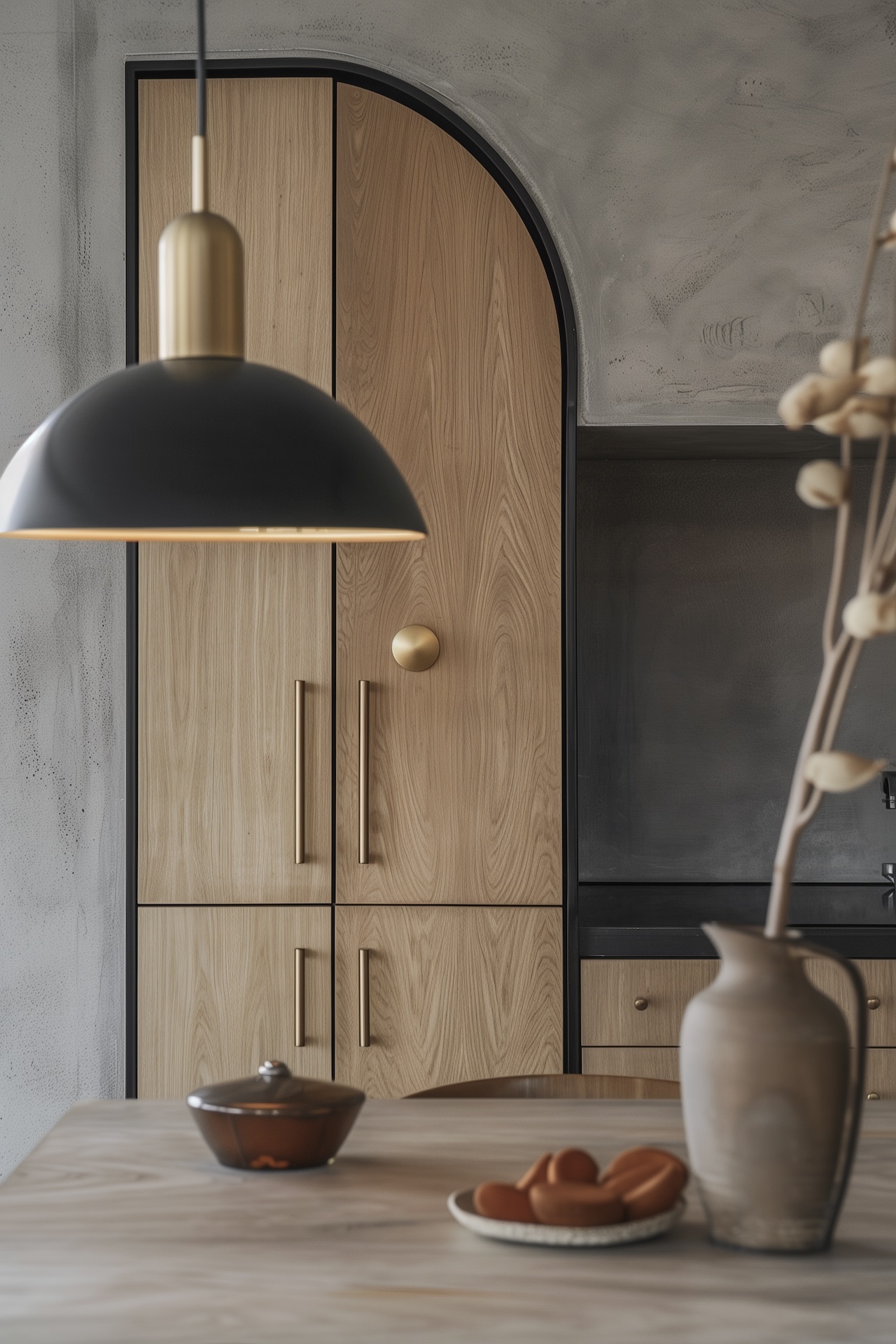 cuisine bois noir mur béton laiton placard arche