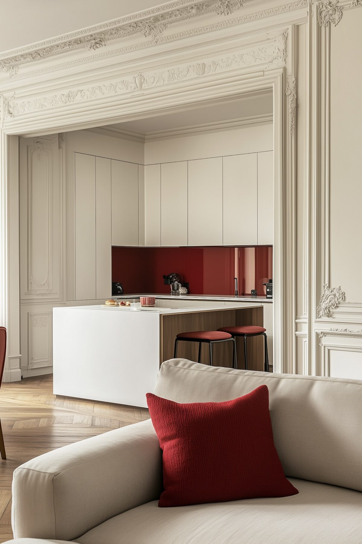 Appartement haussmannien avec moulures blanches, vue du salon vers une cuisine ouverte aux façades blanches et crédence en verre laqué rouge, îlot blanc et bois avec tabourets à assise rouge, canapé beige au premier plan avec coussin rouge texturé créant un rappel de couleur, parquet point de Hongrie