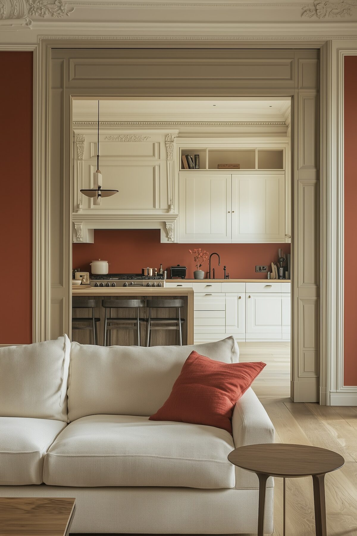 Vue depuis le salon d'un appartement haussmannien avec moulures, canapé beige et coussin rouge brique au premier plan, cuisine blanche visible en arrière-plan avec crédence rouge assortie aux murs, parquet chêne clair et suspension design