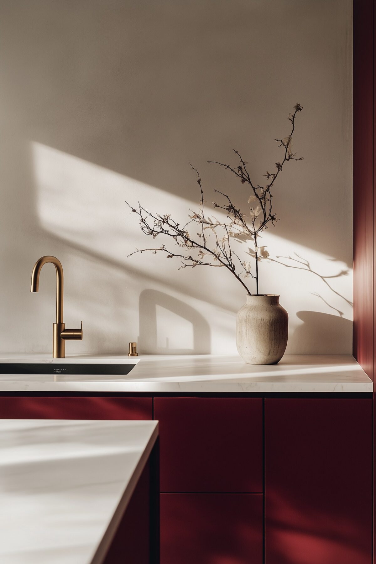 cuisine rouge carmin minimaliste vase céramique lumière naturelle